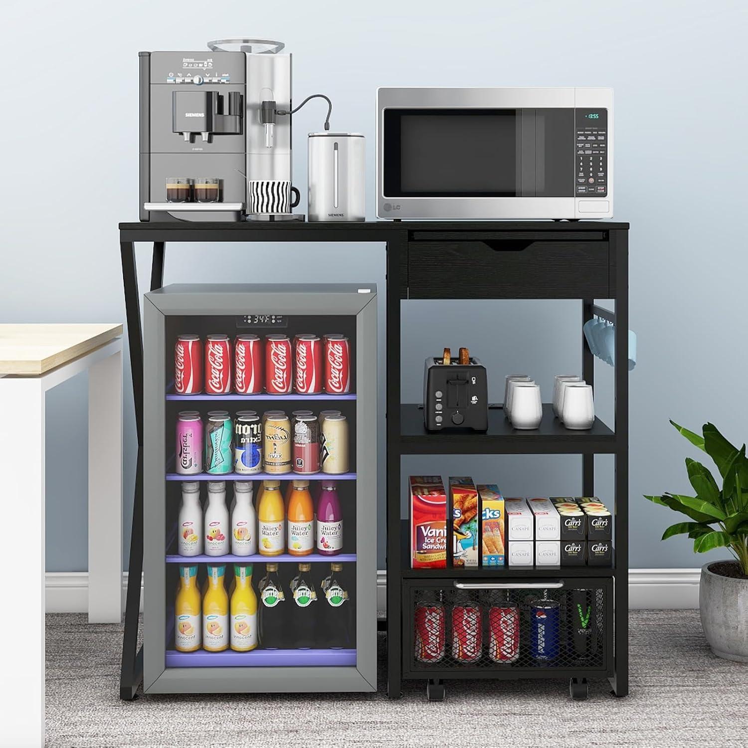 PUNCIA Coffee Bar Cabinet with Mini Fridge Space Beverage Wine Fridge Stand with Temporary Work Platform Refrigerator Storage Organizer with Power Outlet Microwave Oven Stand Rack for Home Dorm