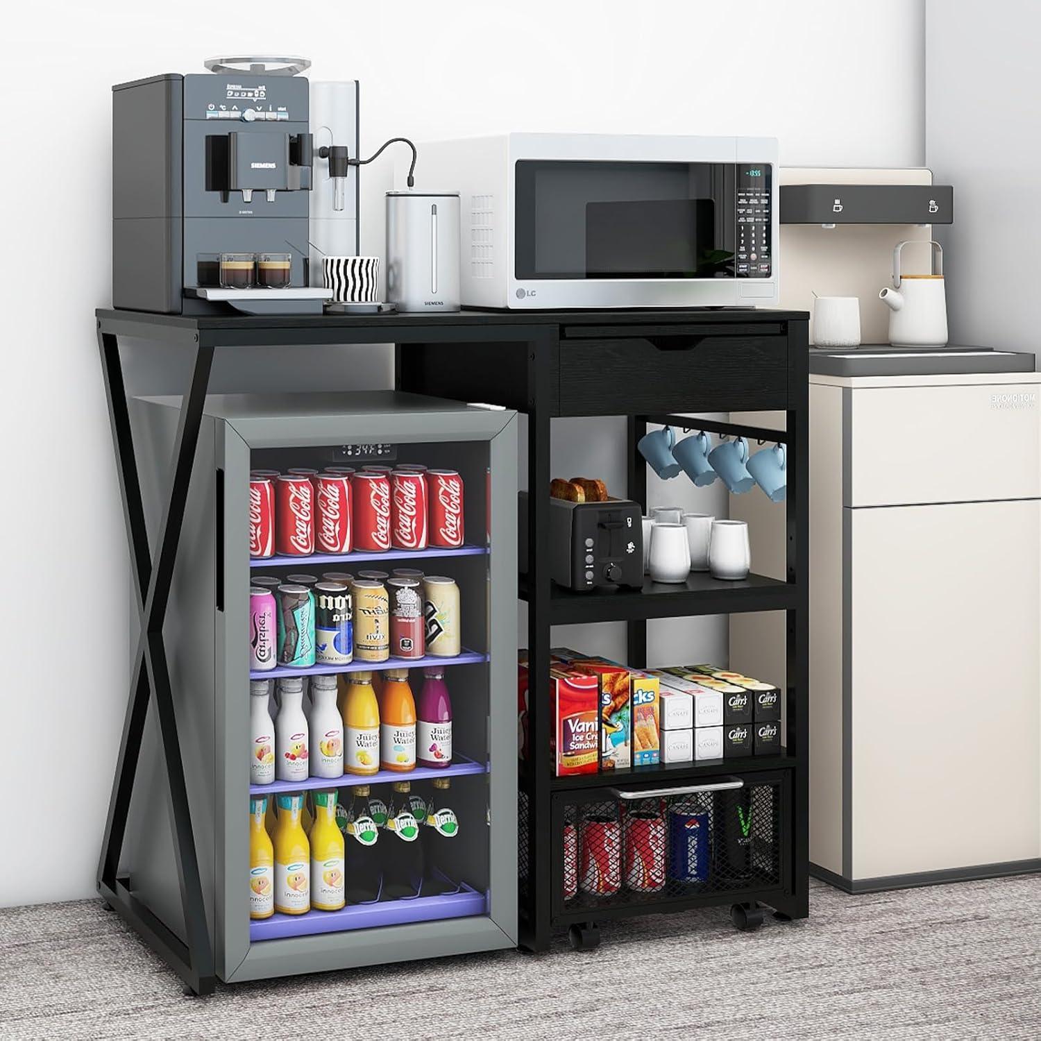 PUNCIA Coffee Bar Cabinet with Mini Fridge Space Beverage Wine Fridge Stand with Temporary Work Platform Refrigerator Storage Organizer with Power Outlet Microwave Oven Stand Rack for Home Dorm