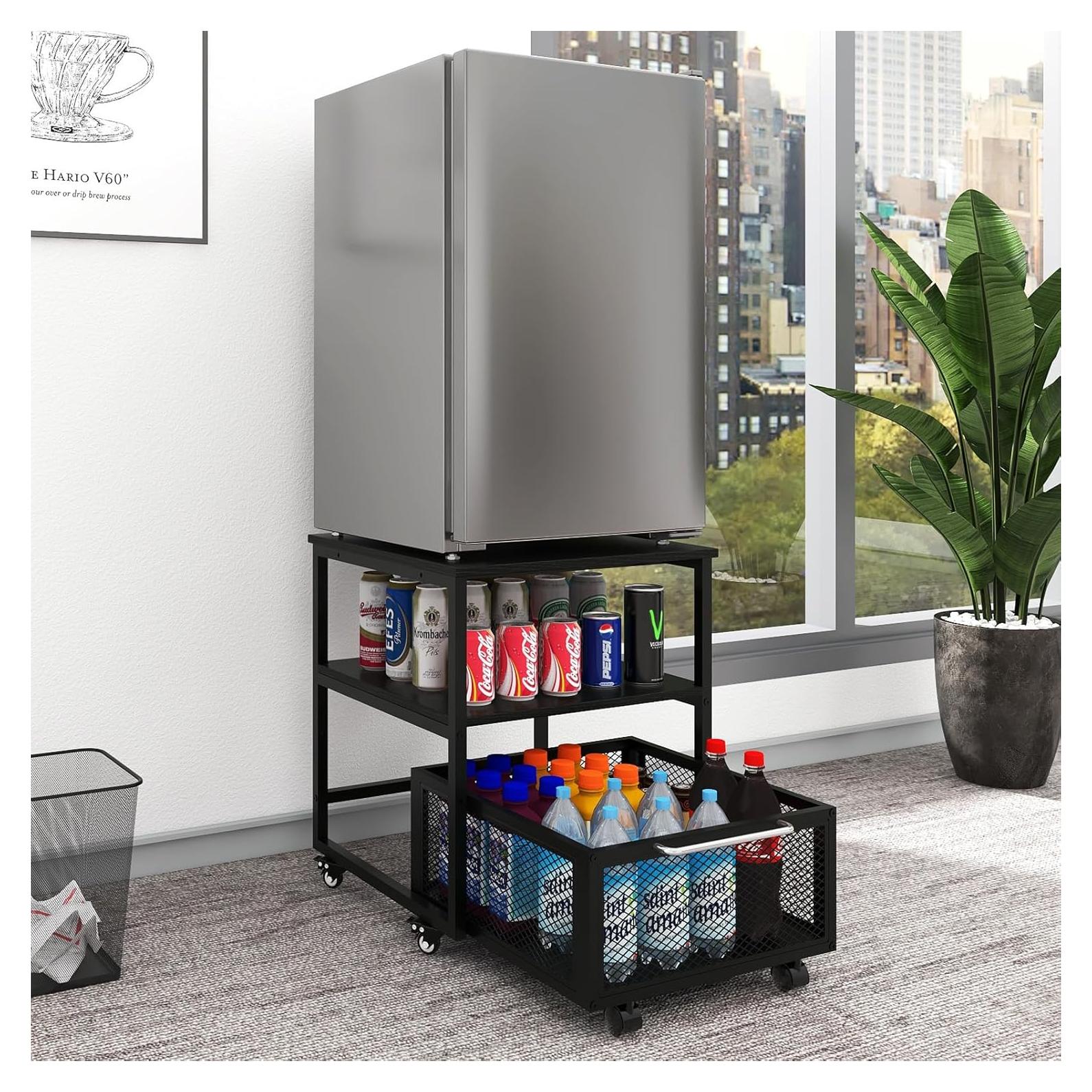 PUNCIA 19.7x19.7in Mini Fridge Stand with Storage and Wheels Heavy Duty Mini Fridge with Adjustable Shelf Table Beverage Refrigerator Stand for Coffee Bar Fridge Cart for Office Home Dorm Apartment