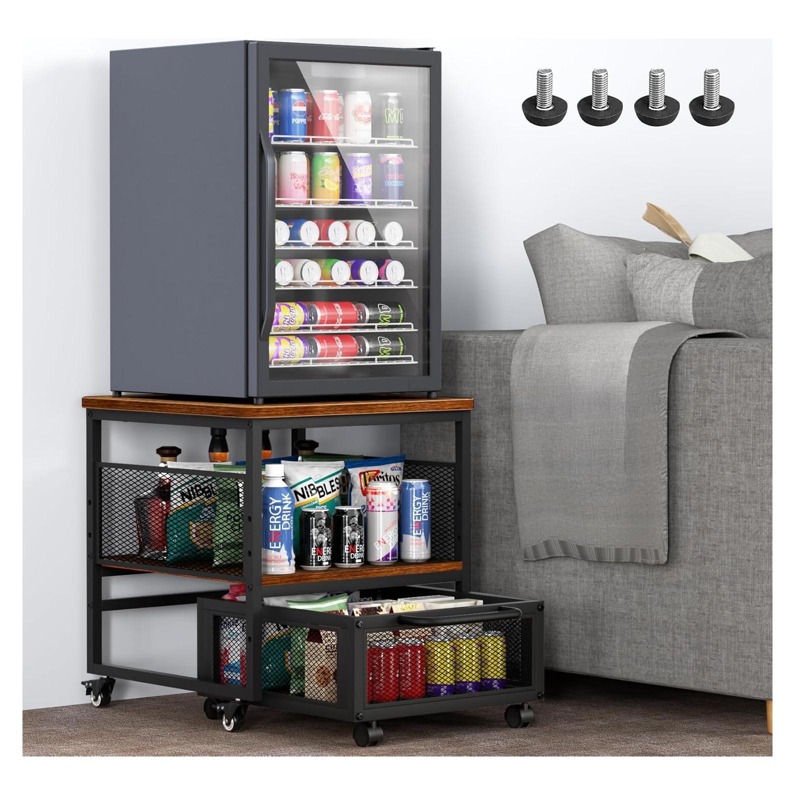 21x21in Mini Fridge Stand with Storage, Heavy Duty Mini Fridge Table with 4 Lockable Wheels for Coffee Bar 220LBS Compact Beverage Refrigerator Stand Cabinet Dorm Fridge Cart for Office Home (Brown)