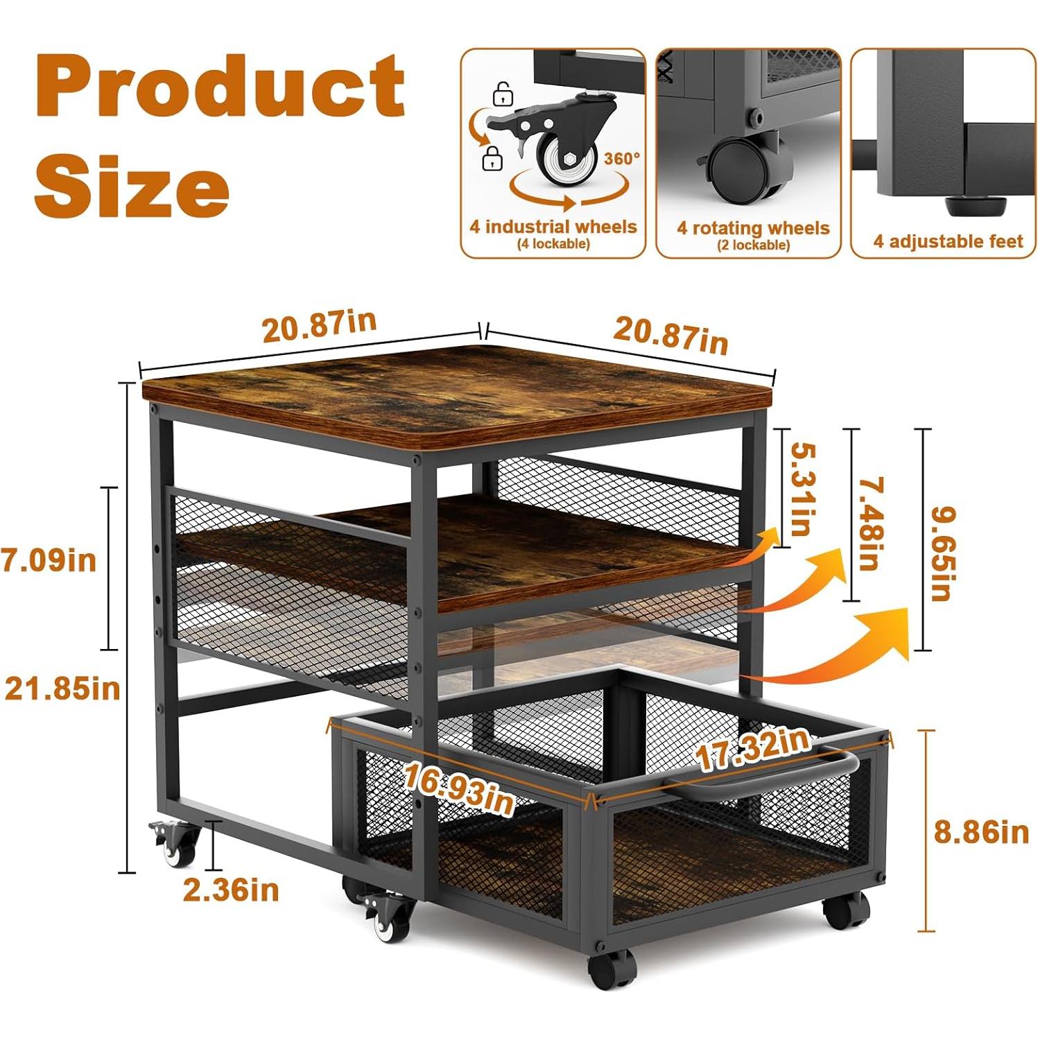 21x21in Mini Fridge Stand with Storage, Heavy Duty Mini Fridge Table with 4 Lockable Wheels for Coffee Bar 220LBS Compact Beverage Refrigerator Stand Cabinet Dorm Fridge Cart for Office Home (Brown)