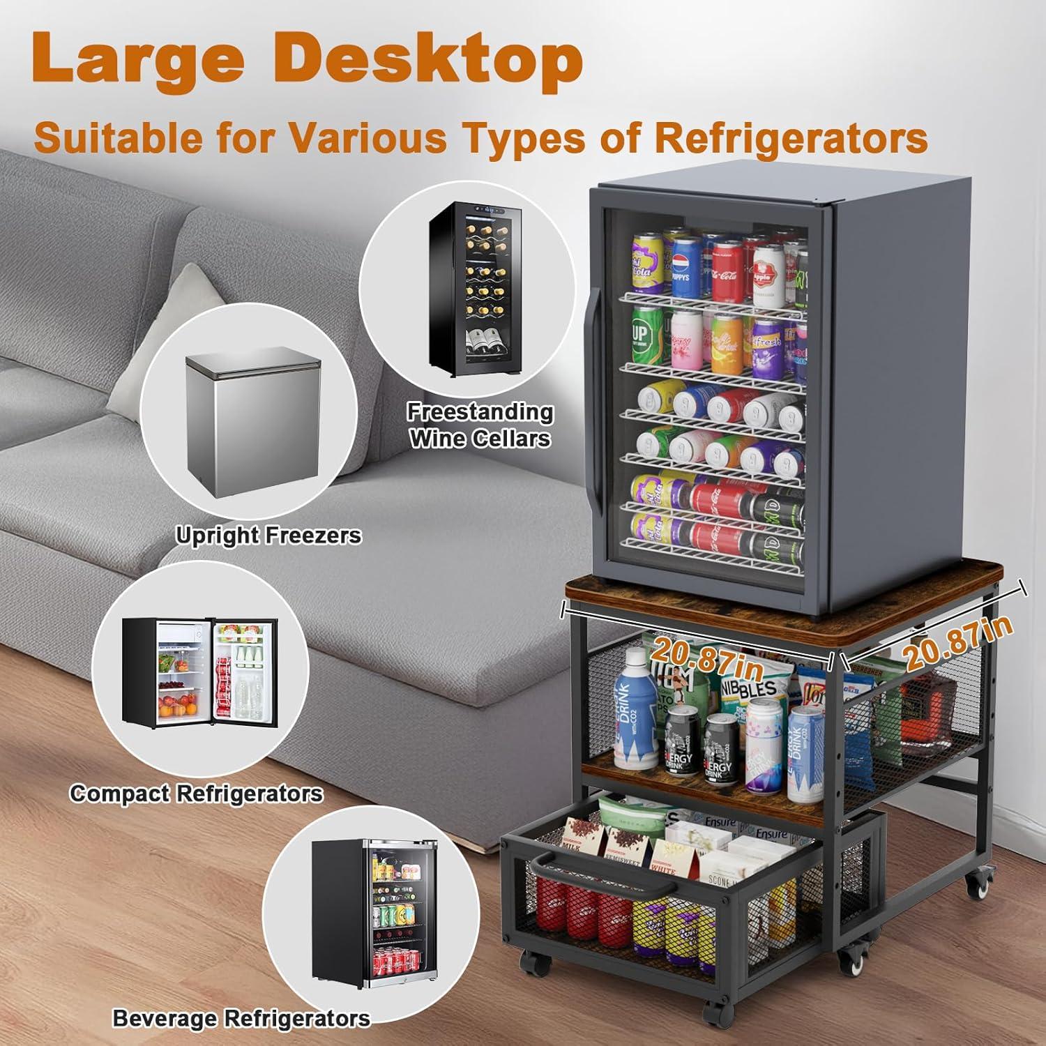 21x21in Mini Fridge Stand with Storage, Heavy Duty Mini Fridge Table with 4 Lockable Wheels for Coffee Bar 220LBS Compact Beverage Refrigerator Stand Cabinet Dorm Fridge Cart for Office Home (Brown)