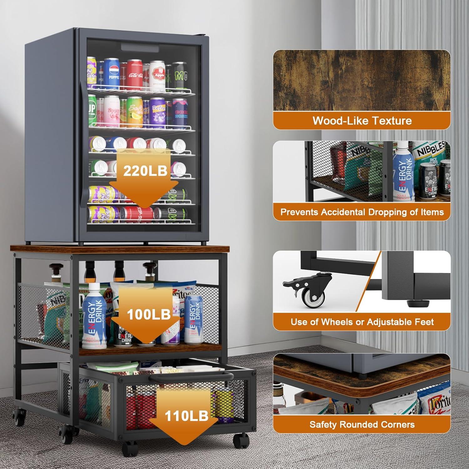 21x21in Mini Fridge Stand with Storage, Heavy Duty Mini Fridge Table with 4 Lockable Wheels for Coffee Bar 220LBS Compact Beverage Refrigerator Stand Cabinet Dorm Fridge Cart for Office Home (Brown)