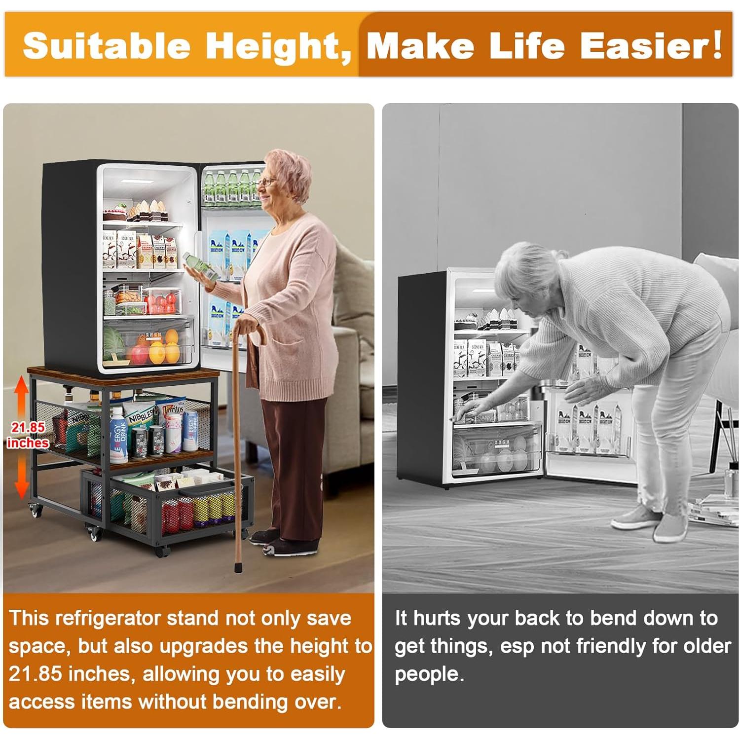 21x21in Mini Fridge Stand with Storage, Heavy Duty Mini Fridge Table with 4 Lockable Wheels for Coffee Bar 220LBS Compact Beverage Refrigerator Stand Cabinet Dorm Fridge Cart for Office Home (Brown)