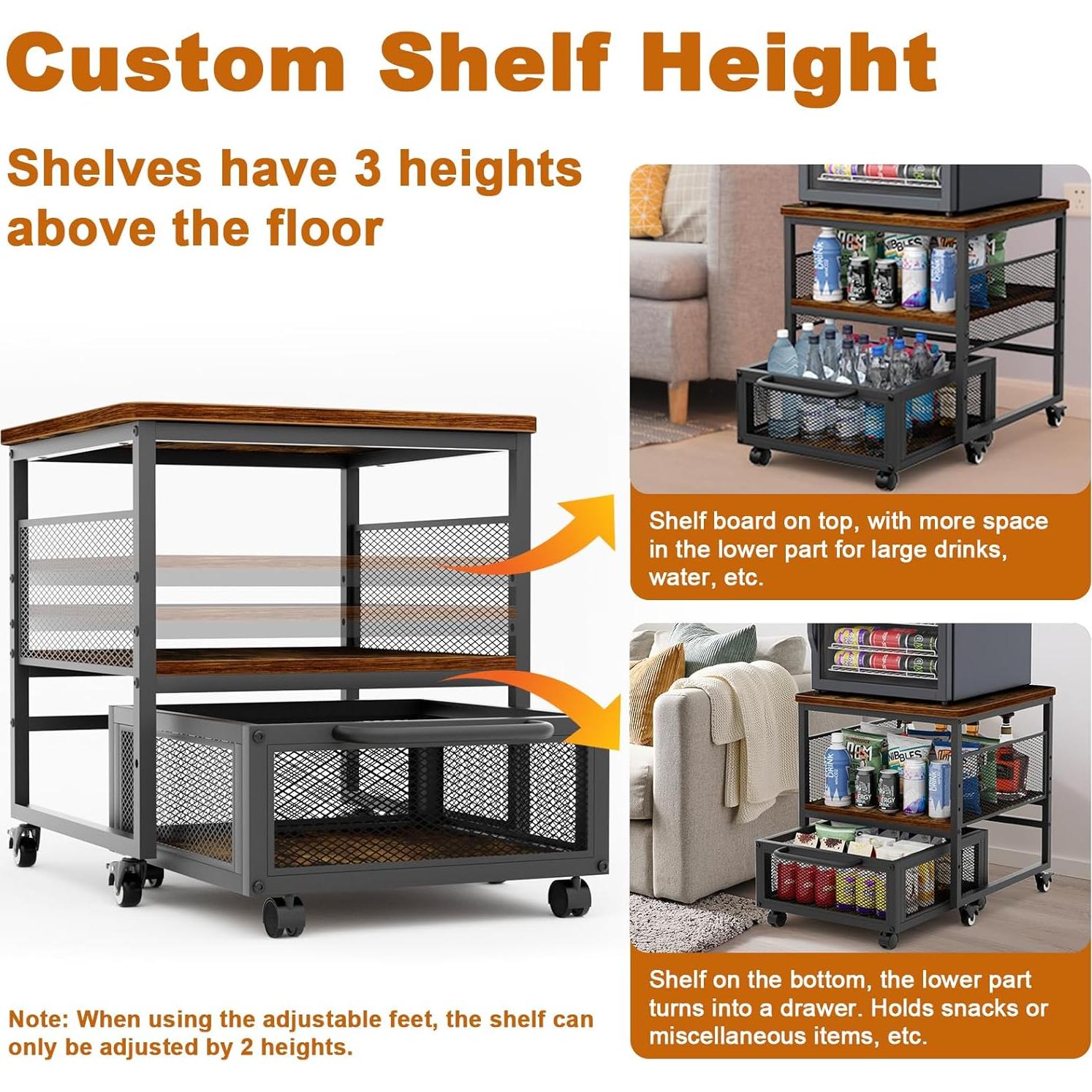 21x21in Mini Fridge Stand with Storage, Heavy Duty Mini Fridge Table with 4 Lockable Wheels for Coffee Bar 220LBS Compact Beverage Refrigerator Stand Cabinet Dorm Fridge Cart for Office Home (Brown)