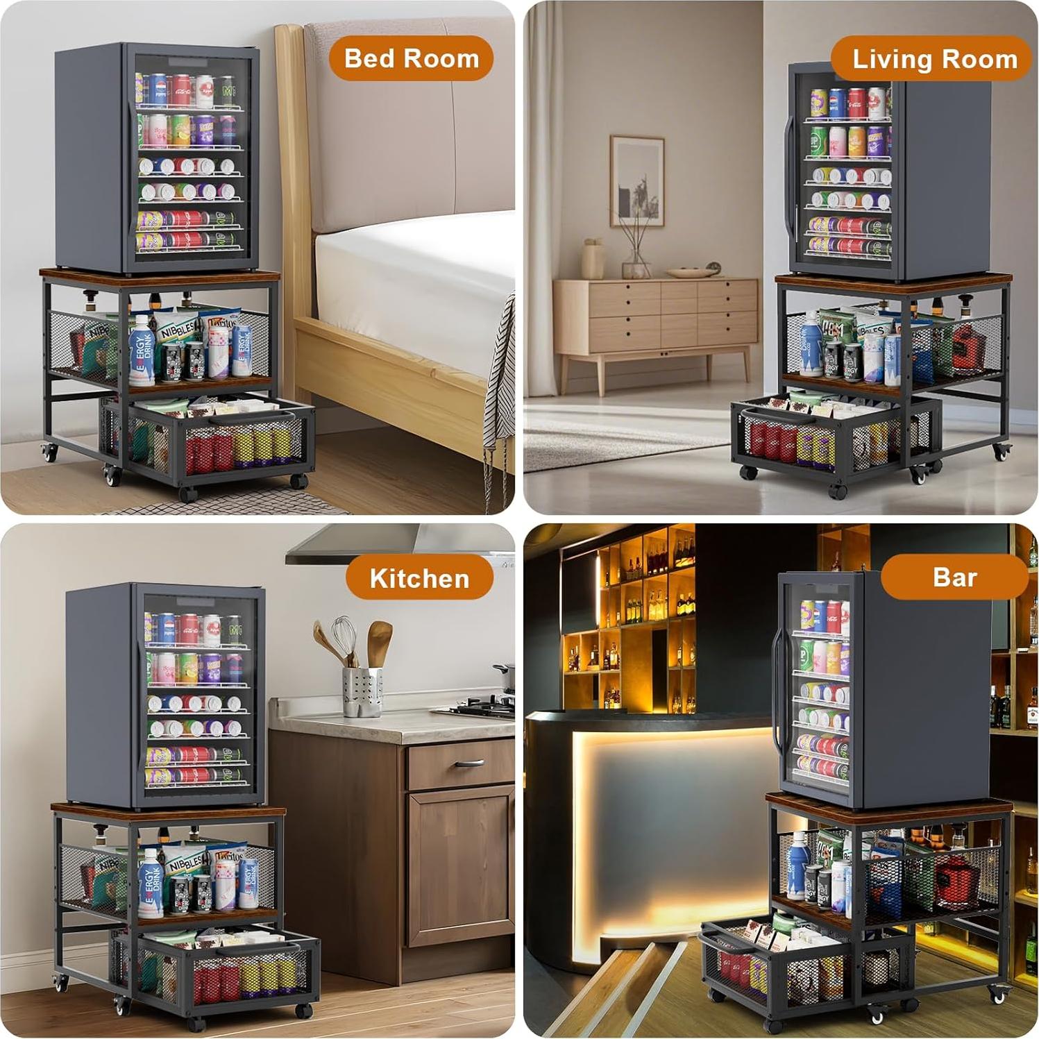 21x21in Mini Fridge Stand with Storage, Heavy Duty Mini Fridge Table with 4 Lockable Wheels for Coffee Bar 220LBS Compact Beverage Refrigerator Stand Cabinet Dorm Fridge Cart for Office Home (Brown)