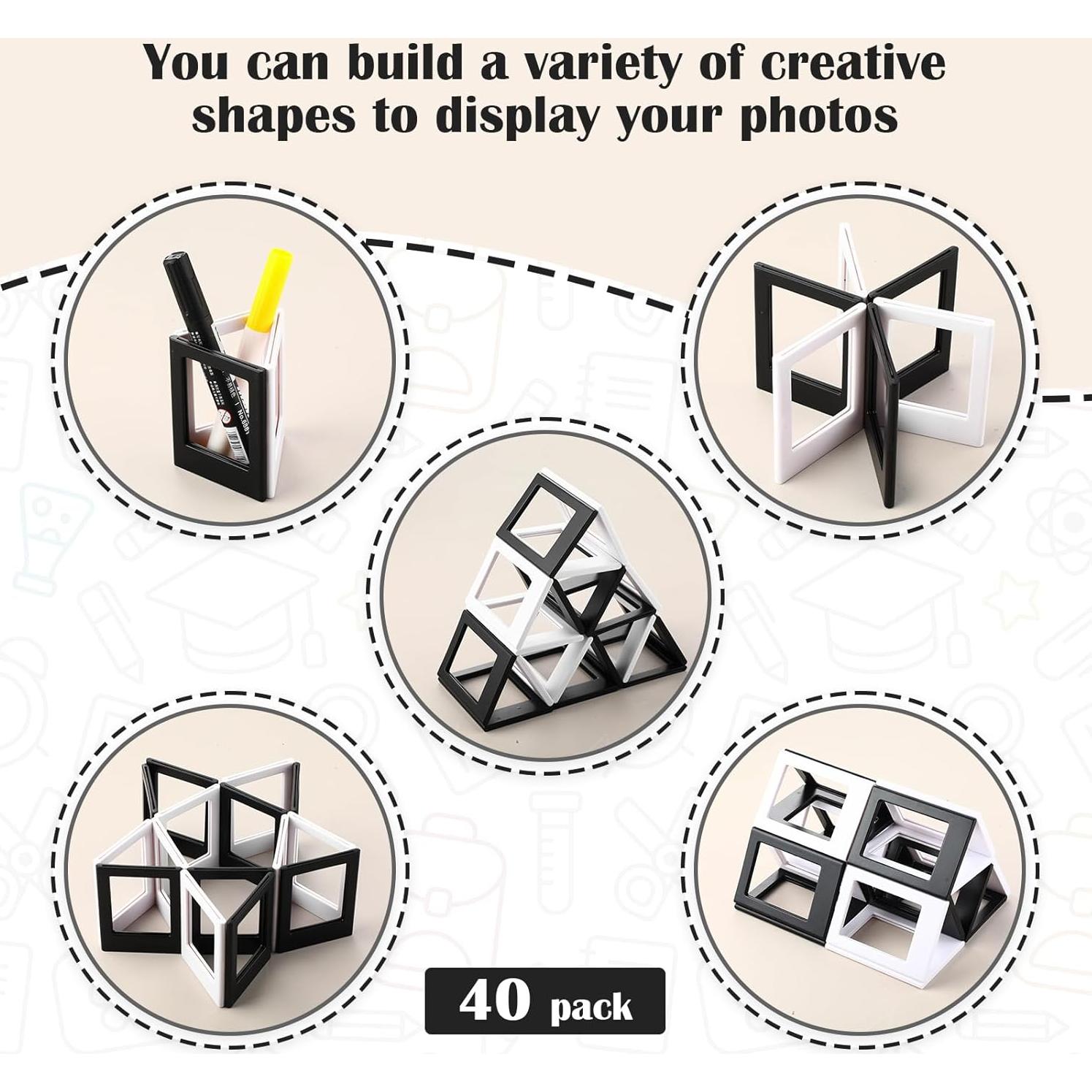 Epakh 40 Packs Magnetic Photo Picture Frame Cute Mini Table Photo Frame Holder 3 Inches Plastic Colorful Photo Display Compatible with Fujifilm Instax for Fridge Refrigerator Office (Black and White)