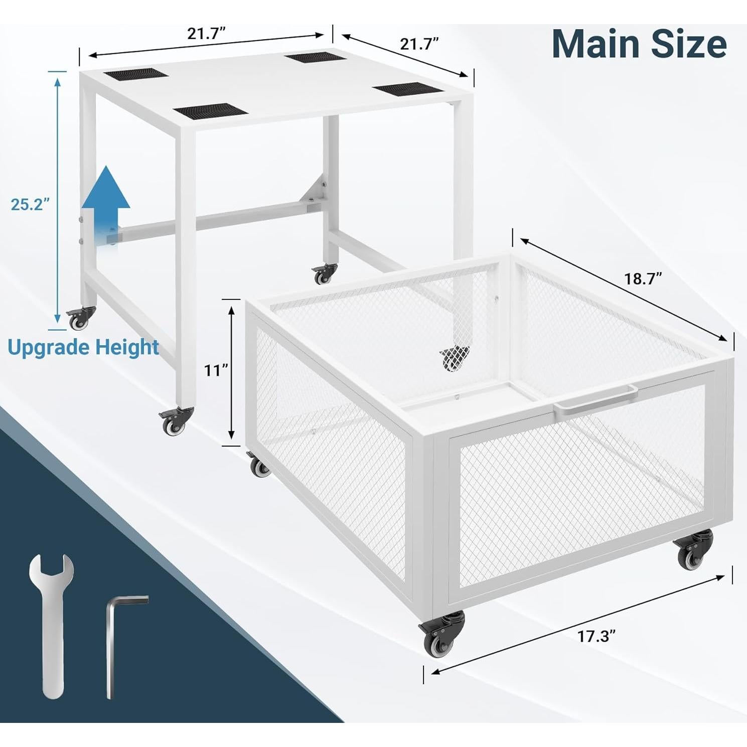 Mini Fridge Stand 21.7in x 21.7in, Higher 25.2in Fridge Stand with Storage Basket & Handrail, 8 Swivel Wheels, 88LBS Load Capacity, Beverage Refrigerator Stand for Home, Office, Dorm, Bedroom, White