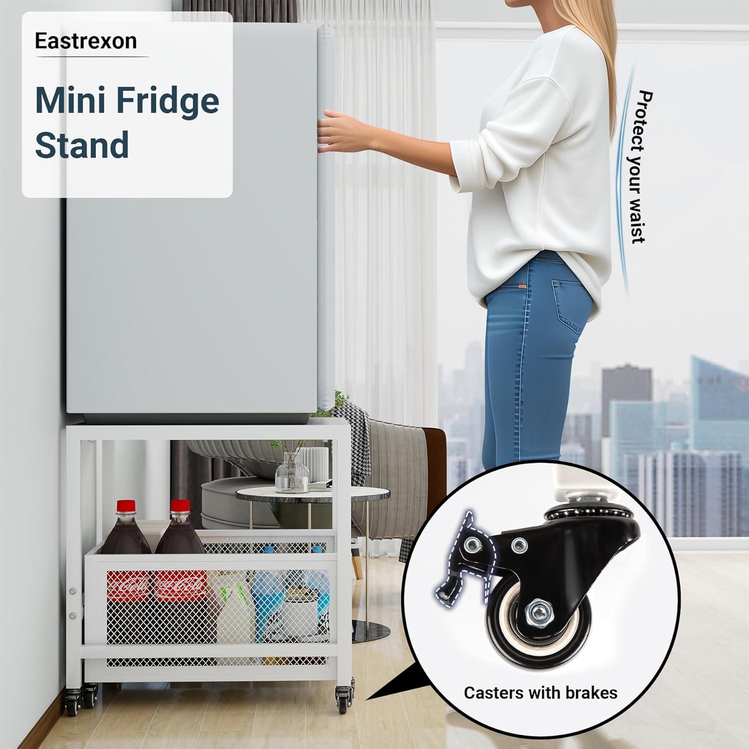 Mini Fridge Stand 21.7in x 21.7in, Higher 25.2in Fridge Stand with Storage Basket & Handrail, 8 Swivel Wheels, 88LBS Load Capacity, Beverage Refrigerator Stand for Home, Office, Dorm, Bedroom, White
