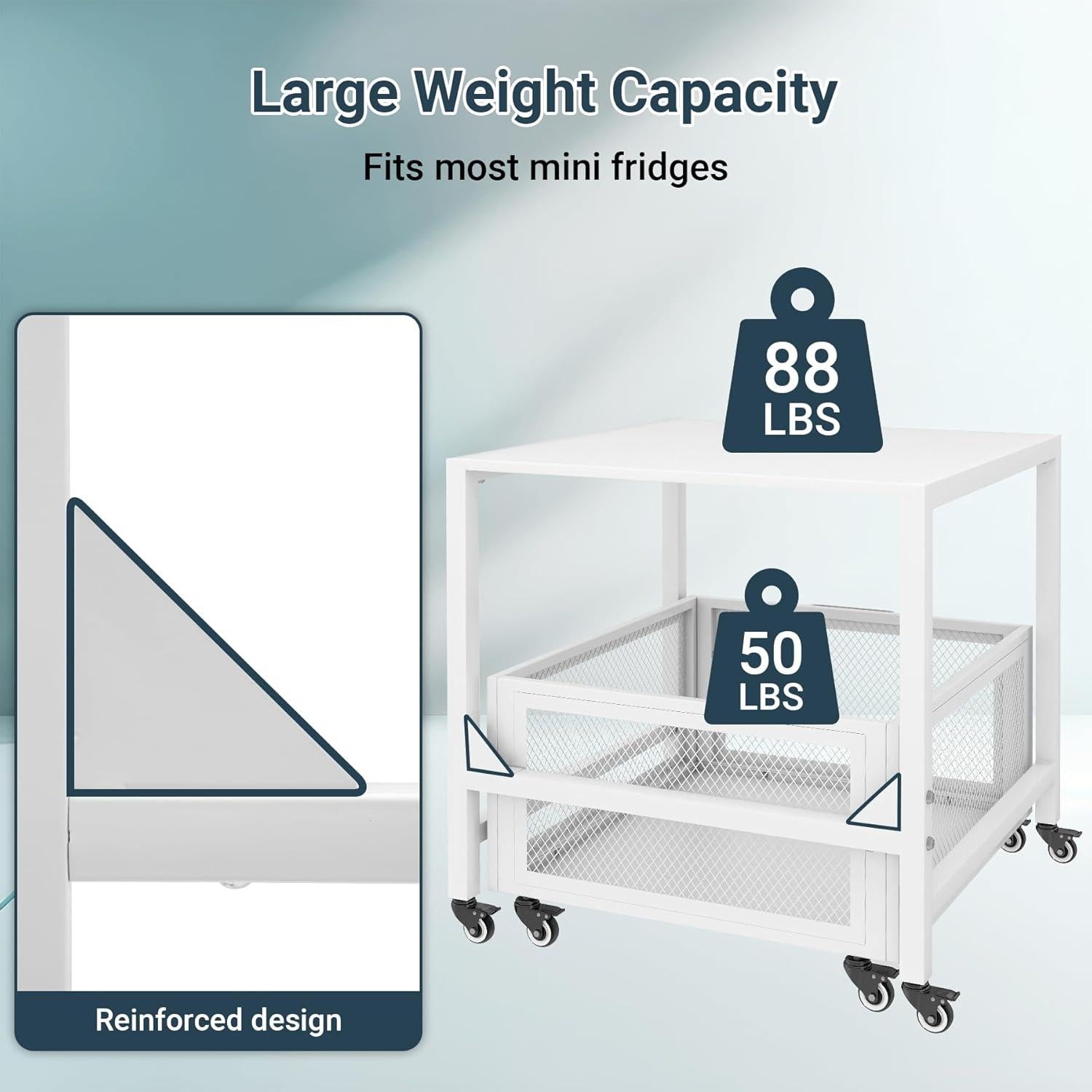 Mini Fridge Stand 21.7in x 21.7in, Higher 25.2in Fridge Stand with Storage Basket & Handrail, 8 Swivel Wheels, 88LBS Load Capacity, Beverage Refrigerator Stand for Home, Office, Dorm, Bedroom, White