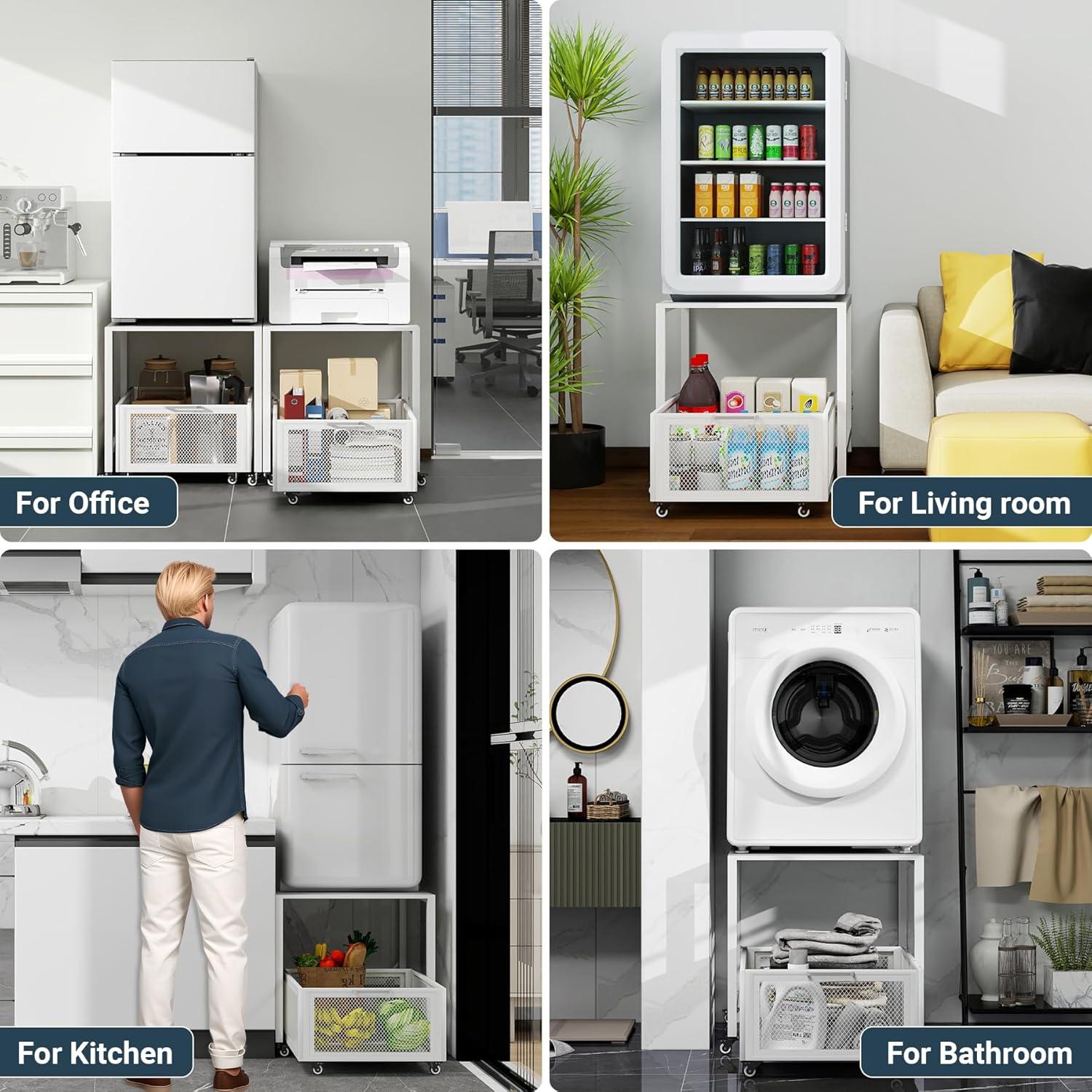 Mini Fridge Stand 21.7in x 21.7in, Higher 25.2in Fridge Stand with Storage Basket & Handrail, 8 Swivel Wheels, 88LBS Load Capacity, Beverage Refrigerator Stand for Home, Office, Dorm, Bedroom, White