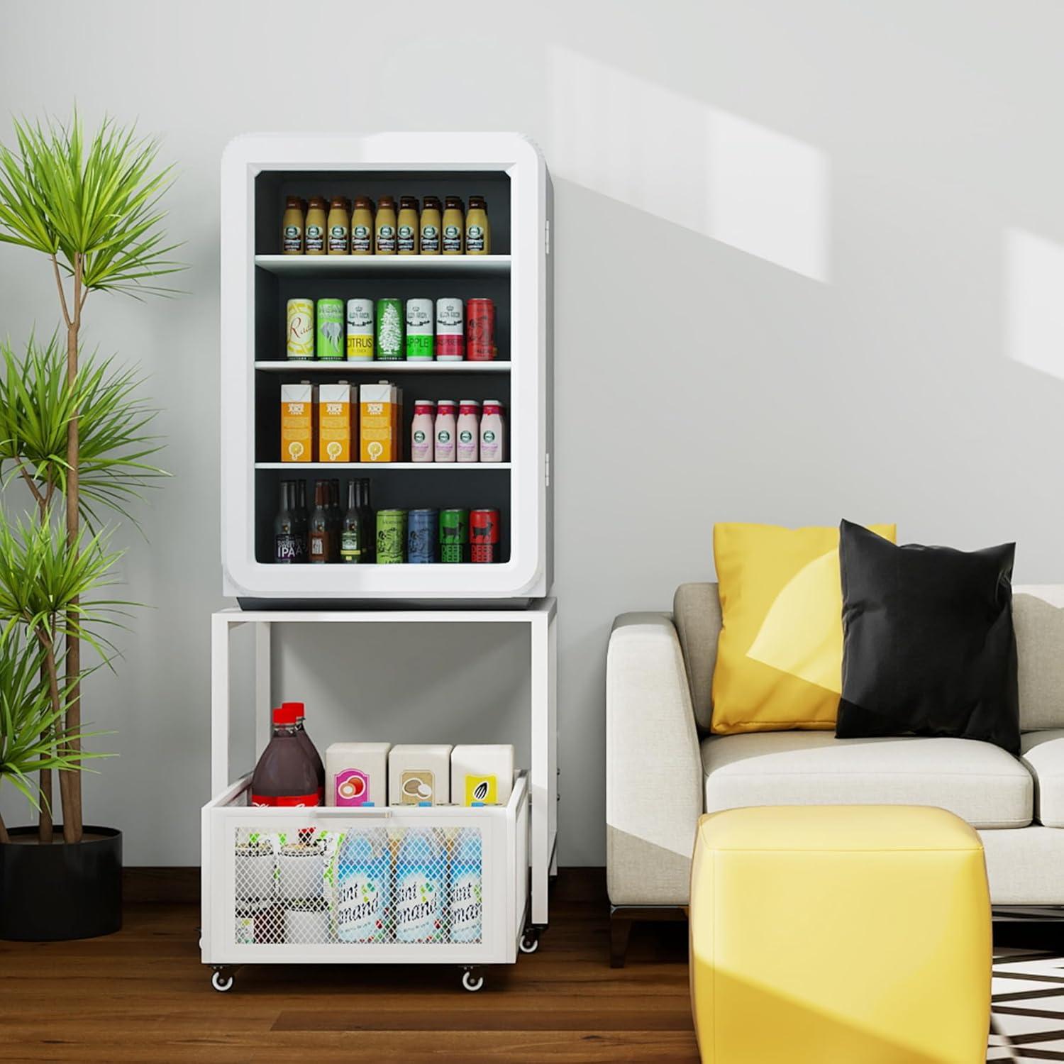 Mini Fridge Stand 21.7in x 21.7in, Higher 25.2in Fridge Stand with Storage Basket & Handrail, 8 Swivel Wheels, 88LBS Load Capacity, Beverage Refrigerator Stand for Home, Office, Dorm, Bedroom, White