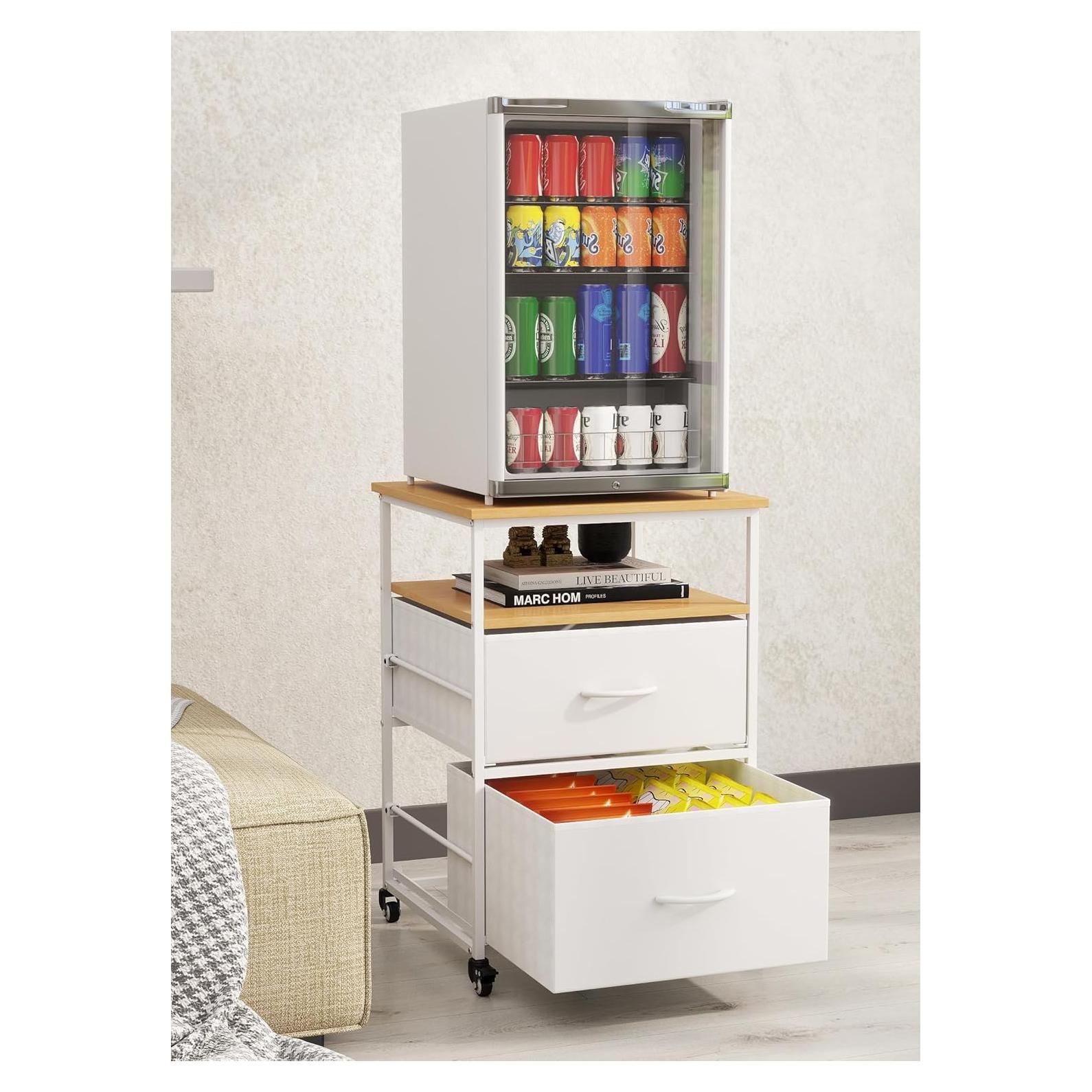 Baoz Mini Fridge Stand with 3 Storage, 220LBS Heavy Duty Beverage Fridge Table with 2 Fabric Drawer, 19.68" L x 19.68" W x 27.55" H Refrigerator Stand with 4 Wheels for Kitchen Home Office - White