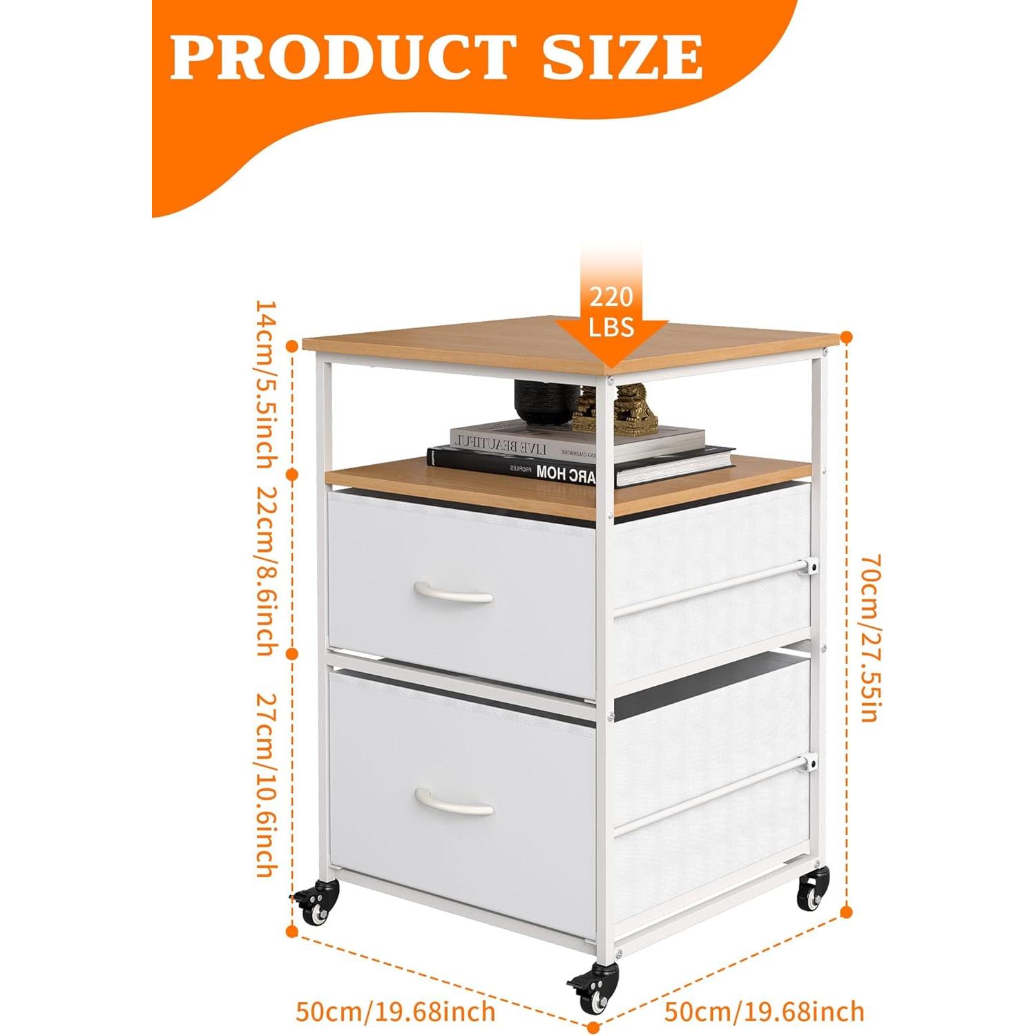 Baoz Mini Fridge Stand with 3 Storage, 220LBS Heavy Duty Beverage Fridge Table with 2 Fabric Drawer, 19.68" L x 19.68" W x 27.55" H Refrigerator Stand with 4 Wheels for Kitchen Home Office - White