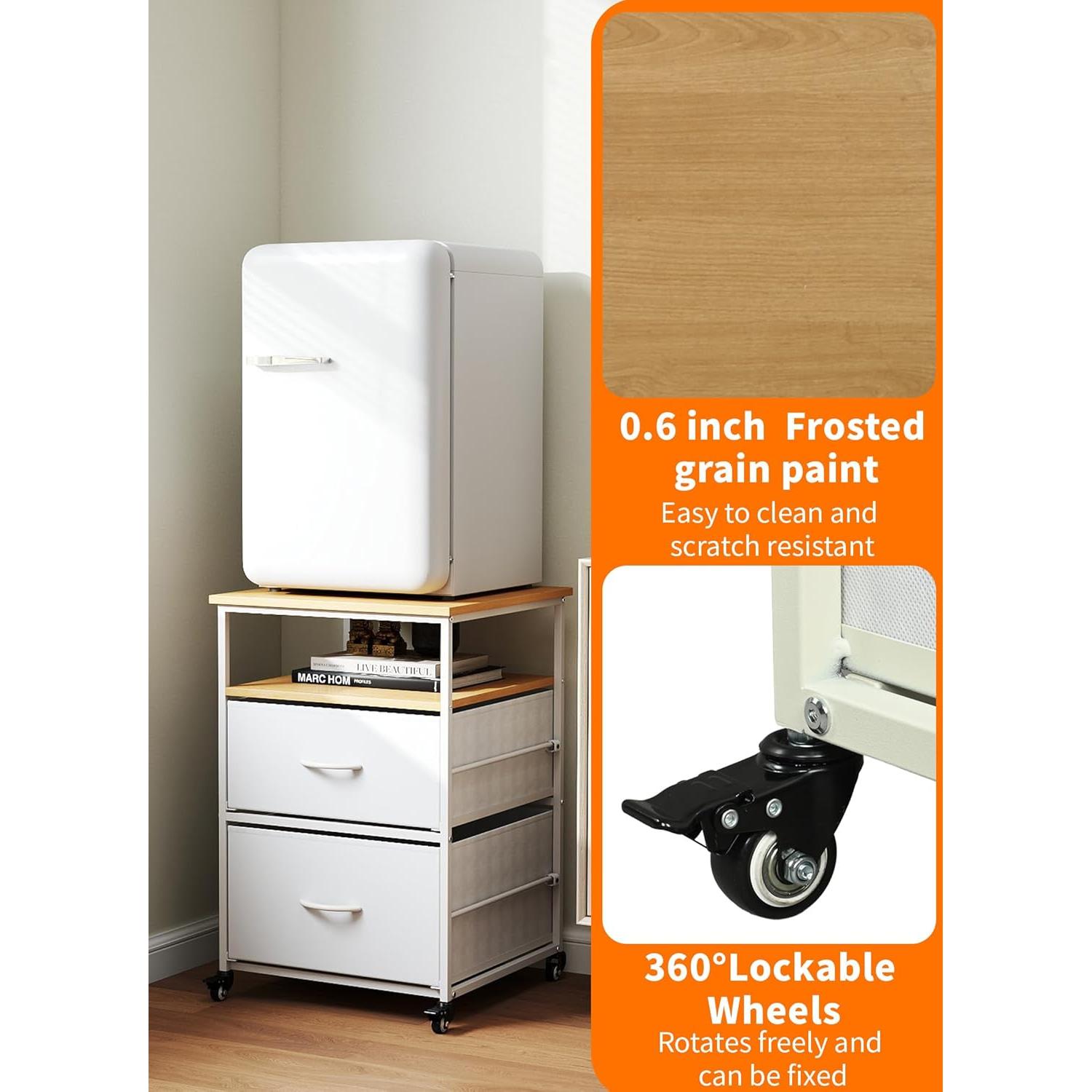 Baoz Mini Fridge Stand with 3 Storage, 220LBS Heavy Duty Beverage Fridge Table with 2 Fabric Drawer, 19.68" L x 19.68" W x 27.55" H Refrigerator Stand with 4 Wheels for Kitchen Home Office - White