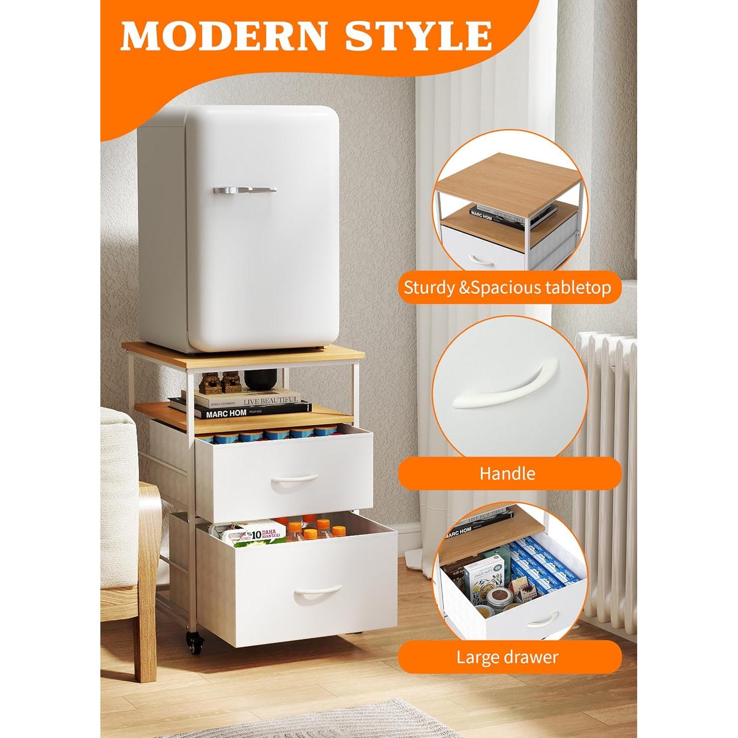 Baoz Mini Fridge Stand with 3 Storage, 220LBS Heavy Duty Beverage Fridge Table with 2 Fabric Drawer, 19.68" L x 19.68" W x 27.55" H Refrigerator Stand with 4 Wheels for Kitchen Home Office - White