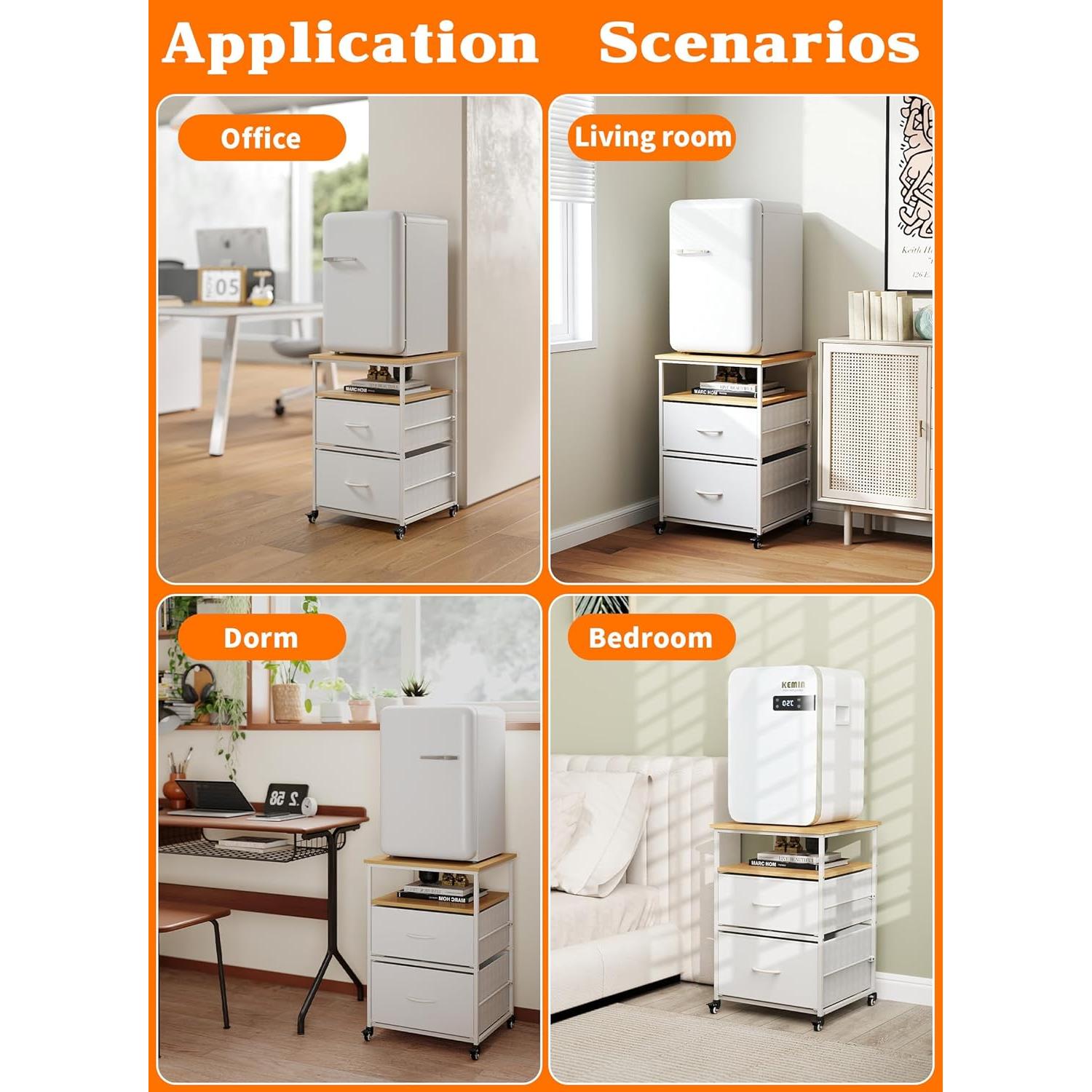 Baoz Mini Fridge Stand with 3 Storage, 220LBS Heavy Duty Beverage Fridge Table with 2 Fabric Drawer, 19.68" L x 19.68" W x 27.55" H Refrigerator Stand with 4 Wheels for Kitchen Home Office - White