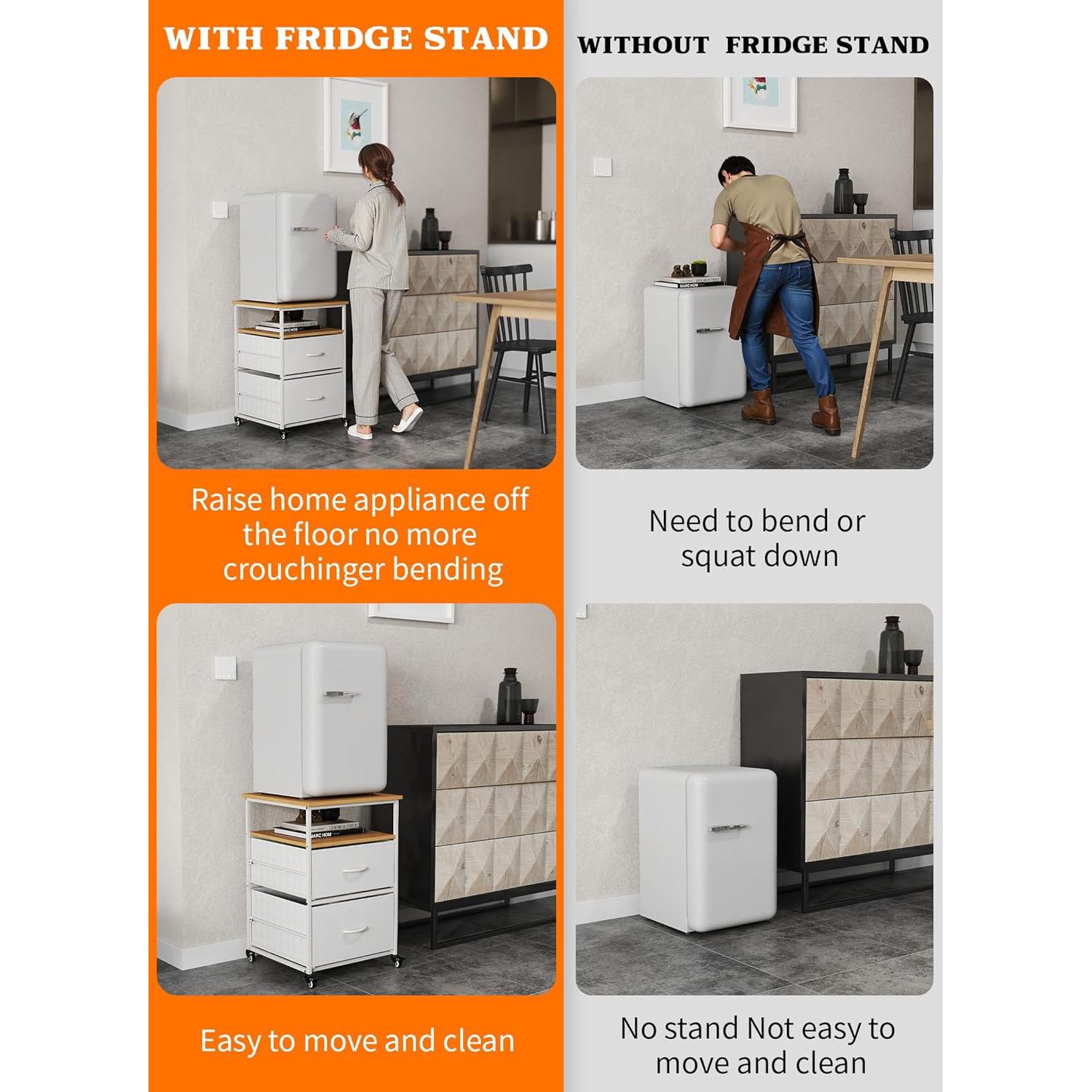 Baoz Mini Fridge Stand with 3 Storage, 220LBS Heavy Duty Beverage Fridge Table with 2 Fabric Drawer, 19.68" L x 19.68" W x 27.55" H Refrigerator Stand with 4 Wheels for Kitchen Home Office - White