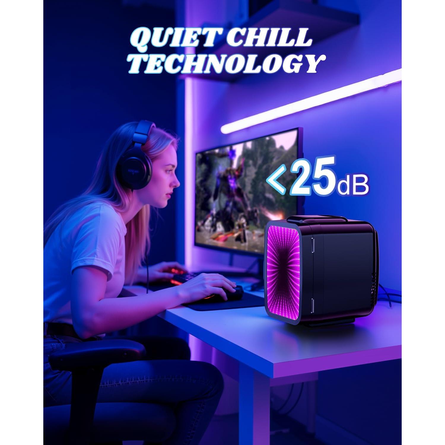 MF01C Mini Fridge, 7 Light Modes With Running Light Mode, 4 Liter/6 Cans, Quiet Cooling & Retention Function, AC/DC Power, Gaming Mini Fridge for Bedrooms, Office and Car