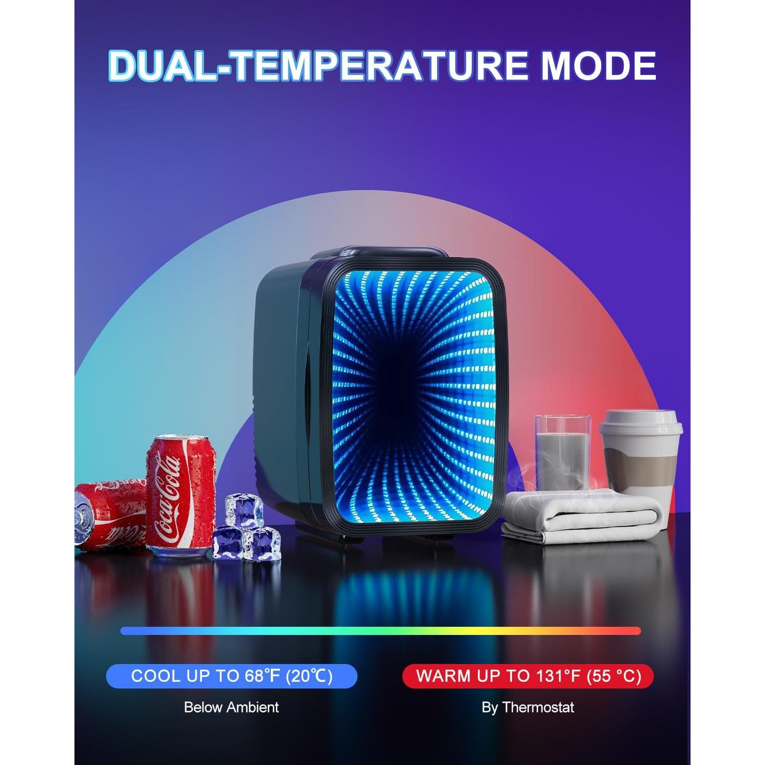 MF01C Mini Fridge, 7 Light Modes With Running Light Mode, 4 Liter/6 Cans, Quiet Cooling & Retention Function, AC/DC Power, Gaming Mini Fridge for Bedrooms, Office and Car