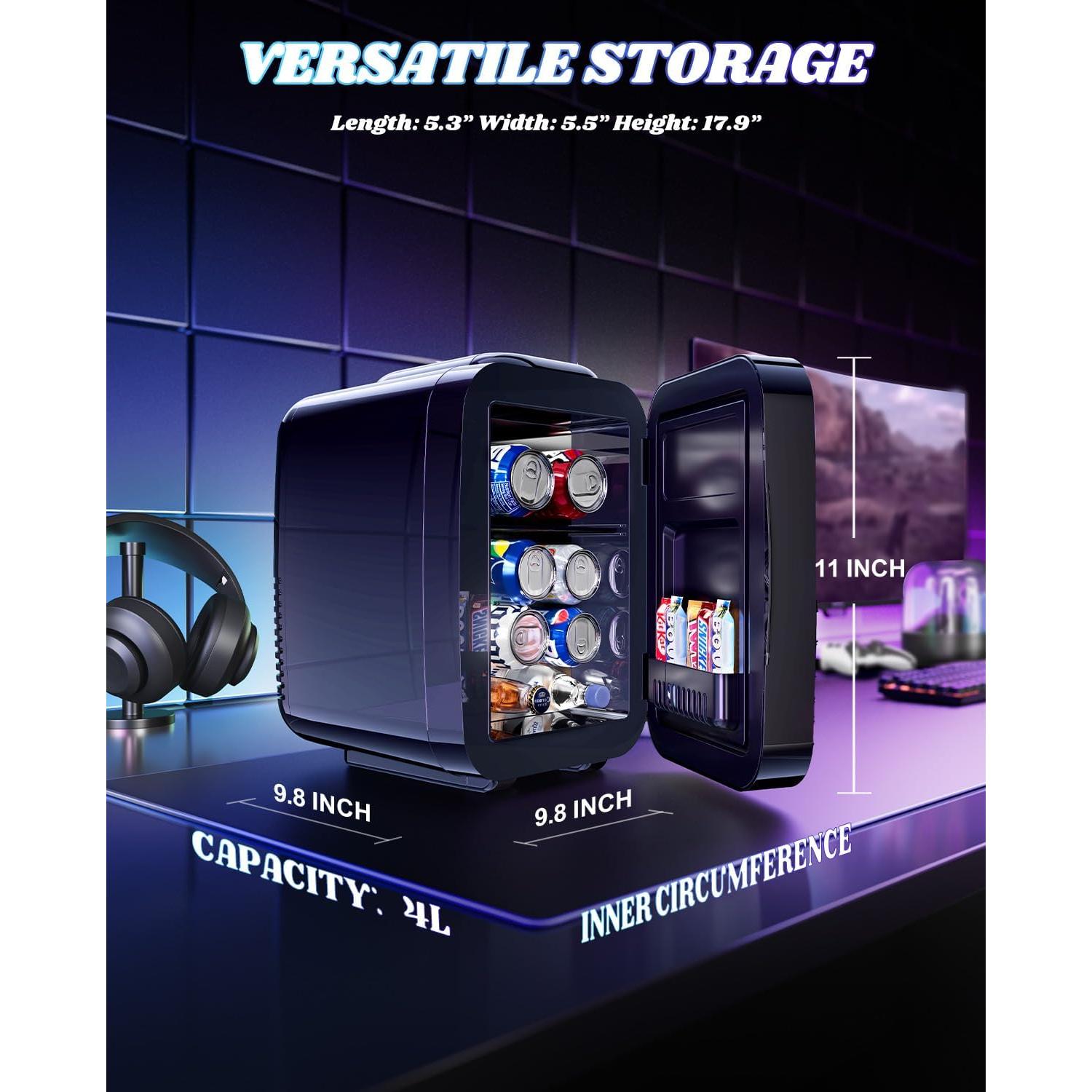 MF01C Mini Fridge, 7 Light Modes With Running Light Mode, 4 Liter/6 Cans, Quiet Cooling & Retention Function, AC/DC Power, Gaming Mini Fridge for Bedrooms, Office and Car