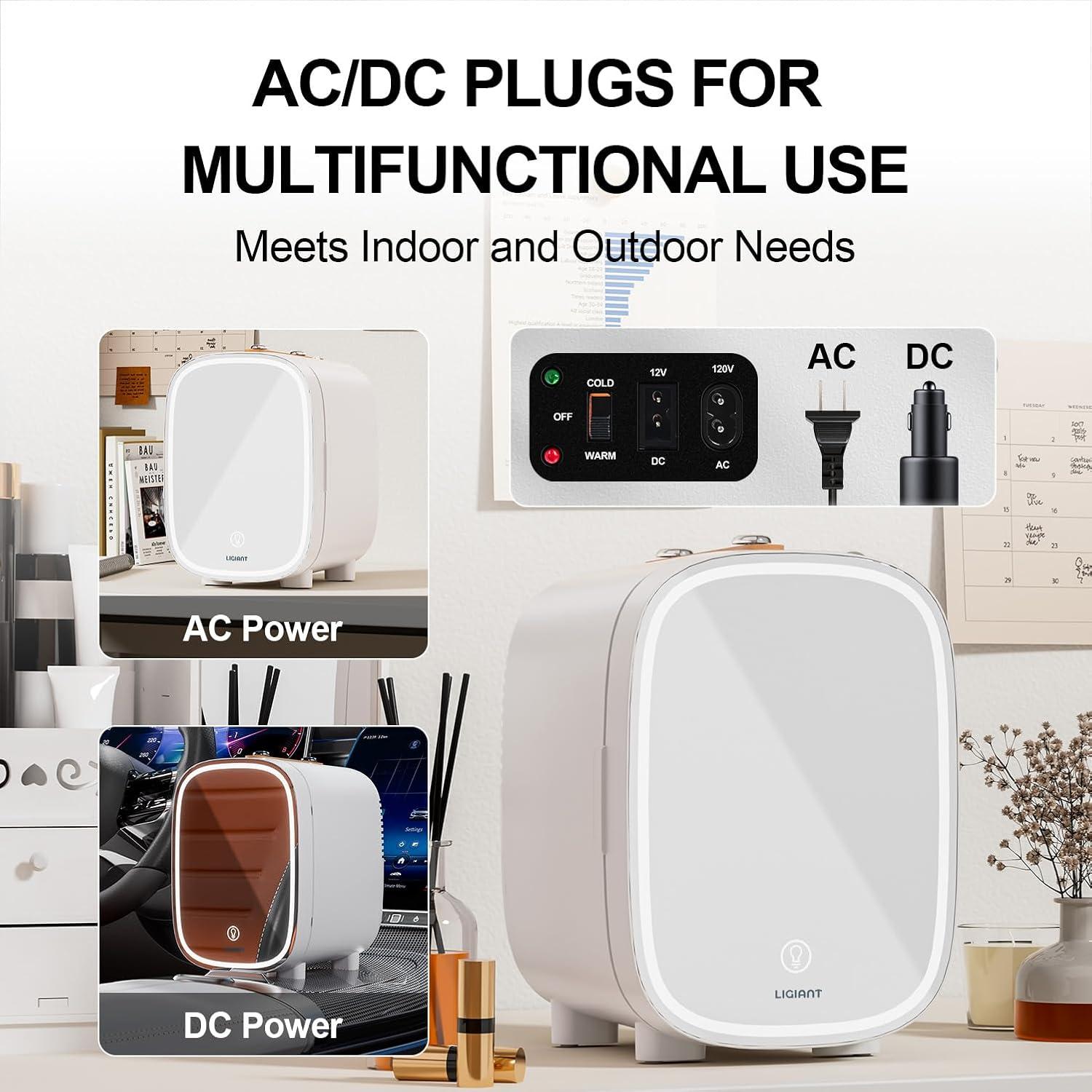 DF01A Skincare Fridge, Mini Fridge for Skincare with 3-Level Dimmable LED Light Mirror, Low Noise 4L Makeup, Cooler & Warmer, Portable Design for Multiple Uses - Bedroom, Office, and Car