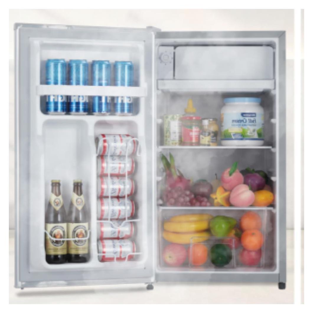 Mini Refrigerator with Freezer, 91L Capacity with Adjustable Thermostat, Fresh Drawer, Removable Glass Shelves, Mini Refrigerator for Bedroom/Cubicle/Office Food Storage Cooled Beverages, Silver