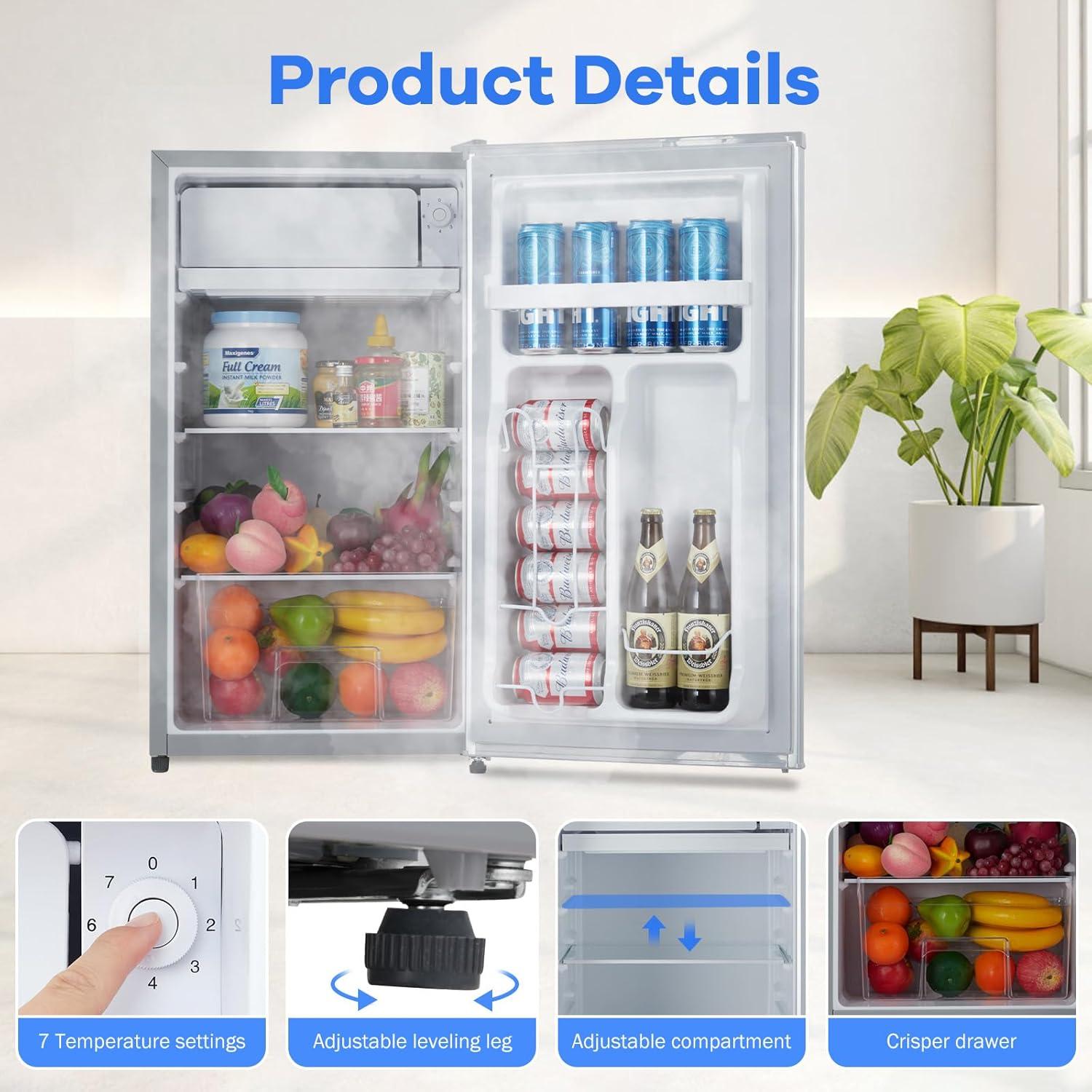 Mini Refrigerator with Freezer, 91L Capacity with Adjustable Thermostat, Fresh Drawer, Removable Glass Shelves, Mini Refrigerator for Bedroom/Cubicle/Office Food Storage Cooled Beverages, Silver