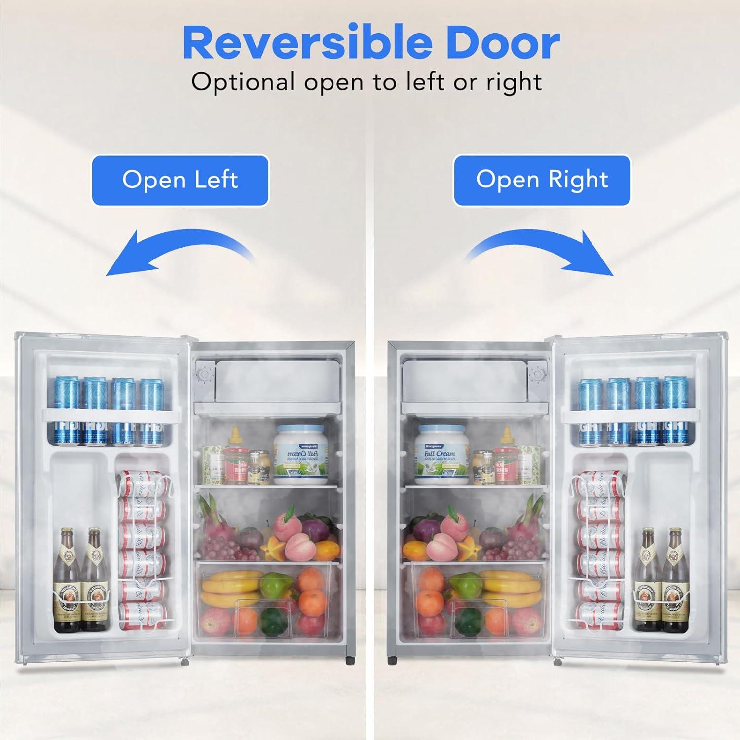 Mini Refrigerator with Freezer, 91L Capacity with Adjustable Thermostat, Fresh Drawer, Removable Glass Shelves, Mini Refrigerator for Bedroom/Cubicle/Office Food Storage Cooled Beverages, Silver