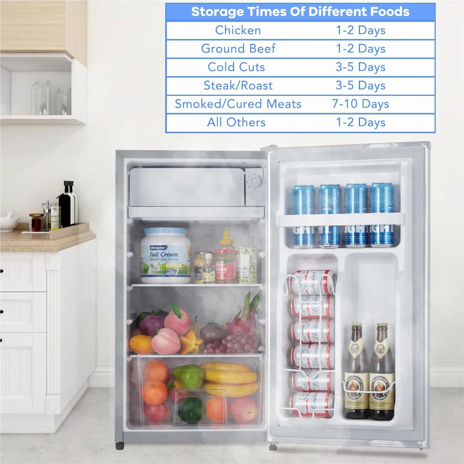 Mini Refrigerator with Freezer, 91L Capacity with Adjustable Thermostat, Fresh Drawer, Removable Glass Shelves, Mini Refrigerator for Bedroom/Cubicle/Office Food Storage Cooled Beverages, Silver