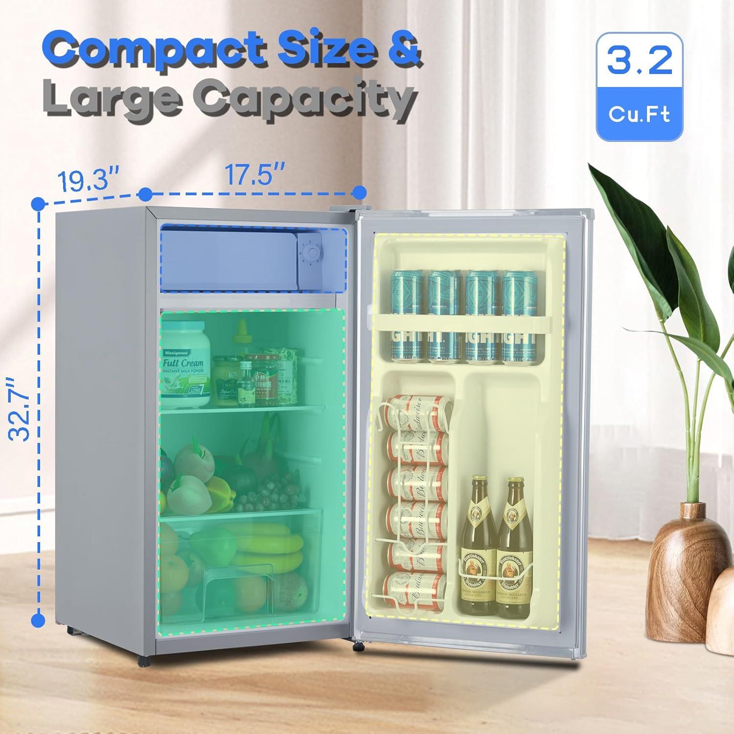 Mini Refrigerator with Freezer, 91L Capacity with Adjustable Thermostat, Fresh Drawer, Removable Glass Shelves, Mini Refrigerator for Bedroom/Cubicle/Office Food Storage Cooled Beverages, Silver
