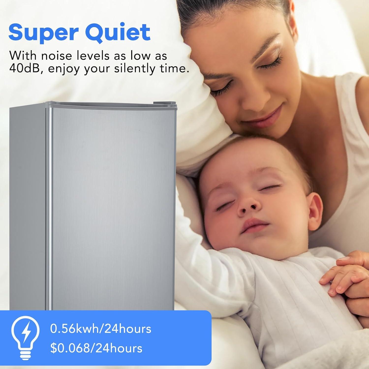 Mini Refrigerator with Freezer, 91L Capacity with Adjustable Thermostat, Fresh Drawer, Removable Glass Shelves, Mini Refrigerator for Bedroom/Cubicle/Office Food Storage Cooled Beverages, Silver