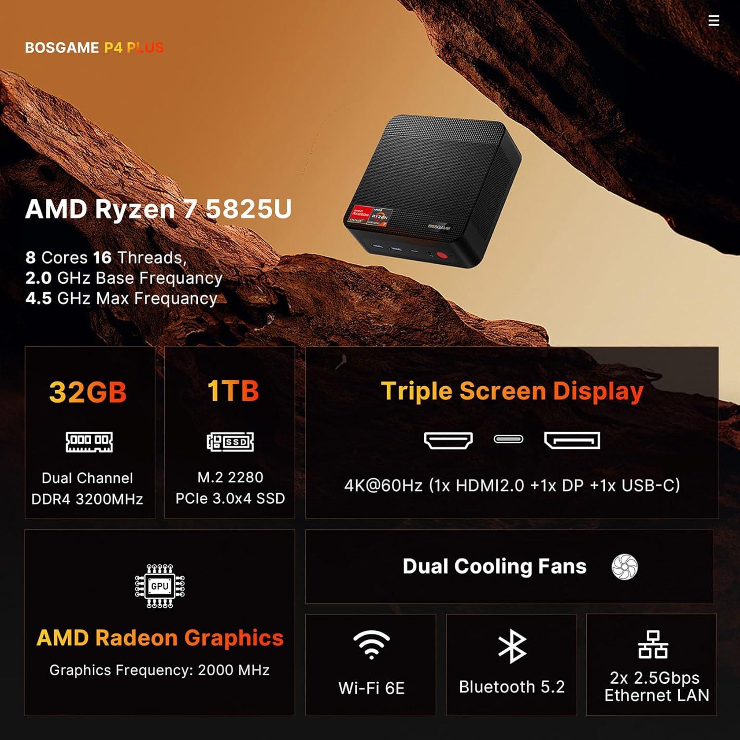 Mini PC Gaming BOSGAME P4 Ryzen 7 32GB 1TB 4K Triple Pantalla