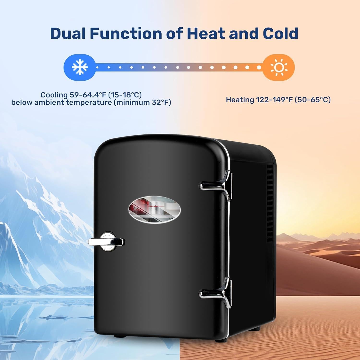 Simple Deluxe 4L/6 Can Mini Fridge with Observation Window, Portable Cooler & Warmer Freon-Free Small Refrigerator, Compact Fridge for Skincare, Beverage, Food, Cosmetics, Black