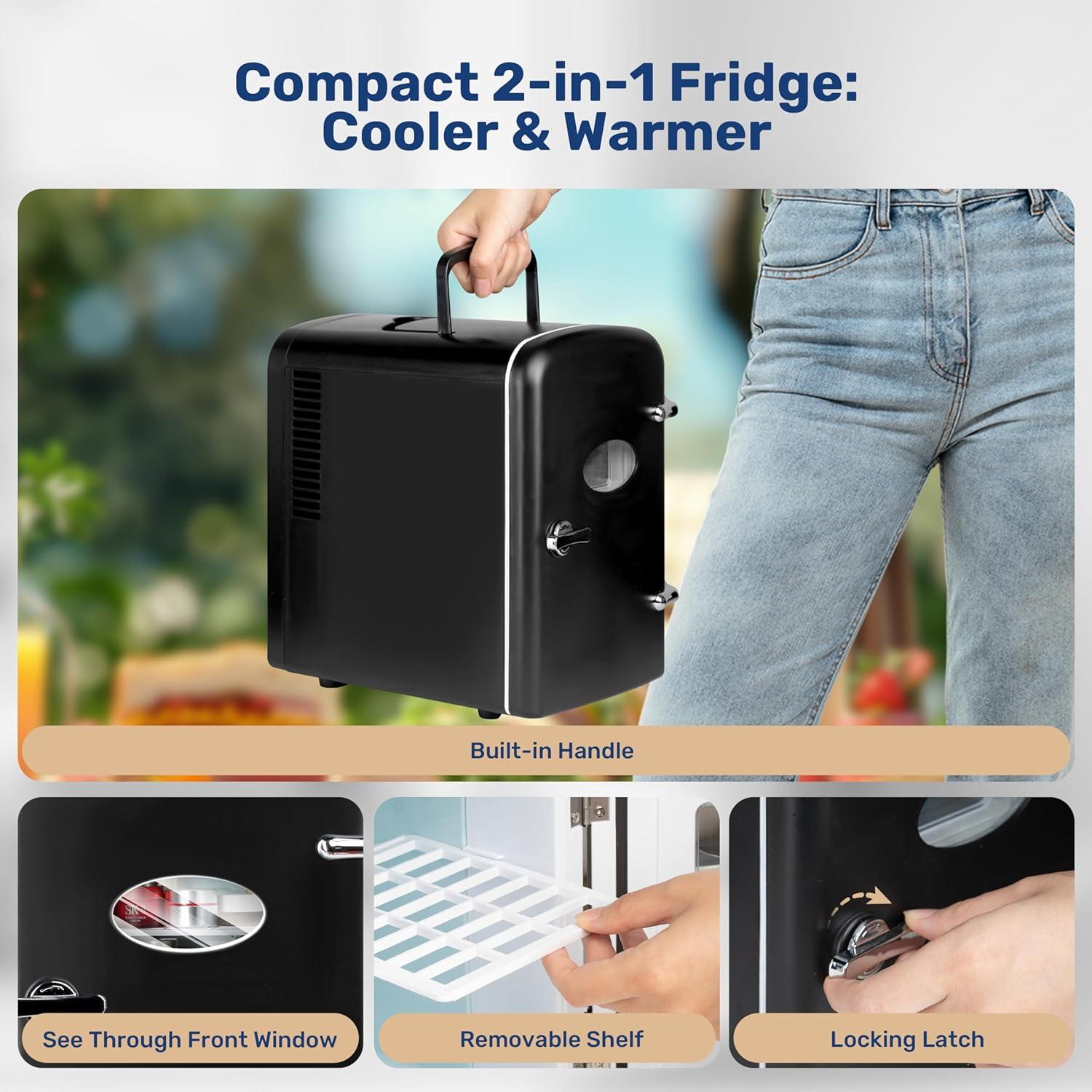 Simple Deluxe 4L/6 Can Mini Fridge with Observation Window, Portable Cooler & Warmer Freon-Free Small Refrigerator, Compact Fridge for Skincare, Beverage, Food, Cosmetics, Black