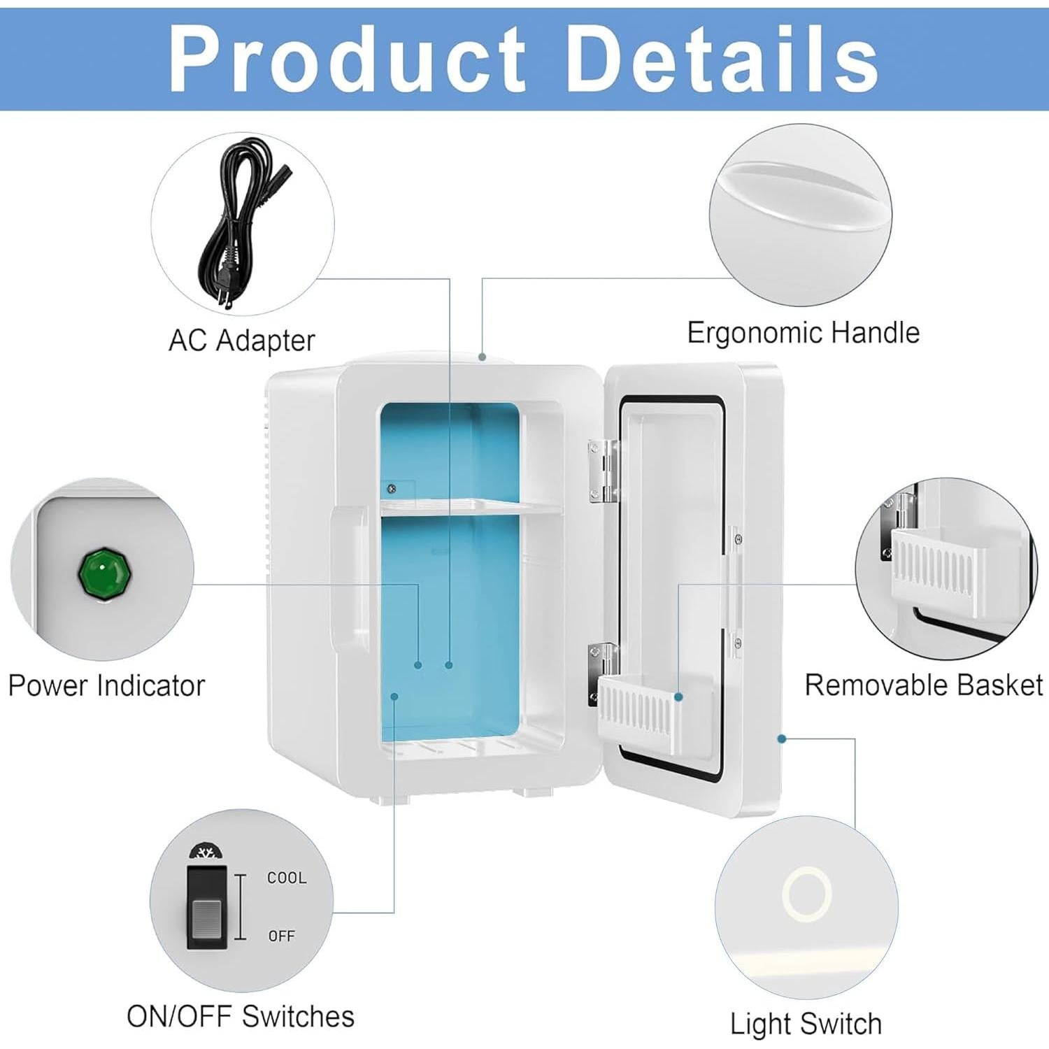 Mini Fridge 6L for Bedroom, Makeup Little Refrigerator with LED Light Portable Cosmetic Fridge for Dorm and Office, Desk Personal Cooler for Beauty Skincare Product and Food, White