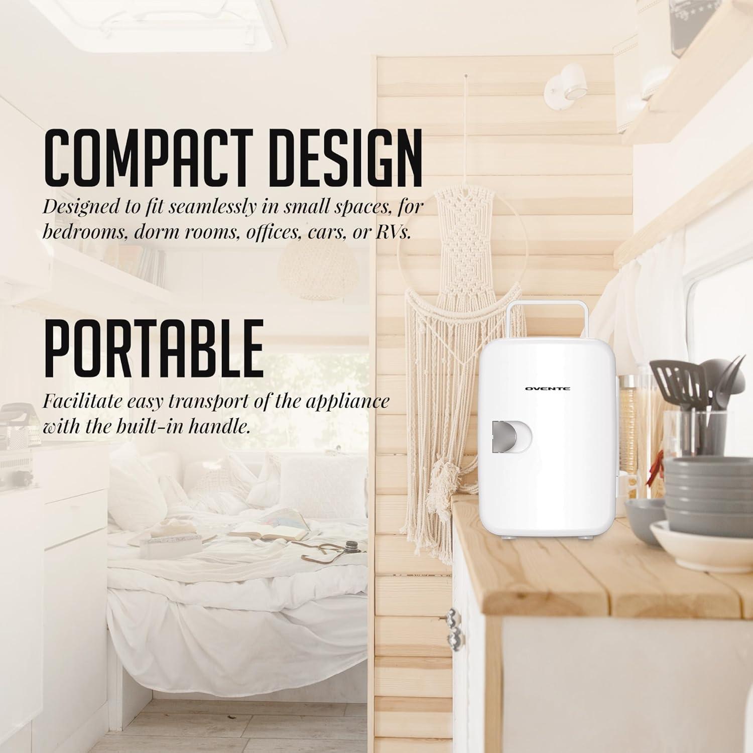 Refrigerador Mini OVENTE RF04W 4L Portátil para Bebidas y Cosméticos