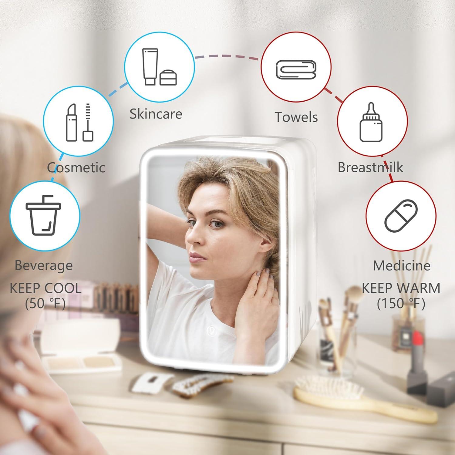 Mini Nevera HOMCOM 10L con Espejo LED para Cuidado de Piel