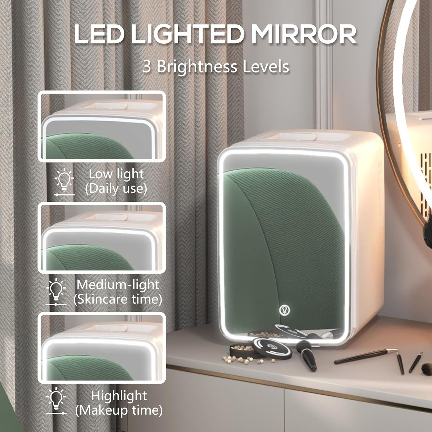 Mini Nevera HOMCOM 10L con Espejo LED para Cuidado de Piel