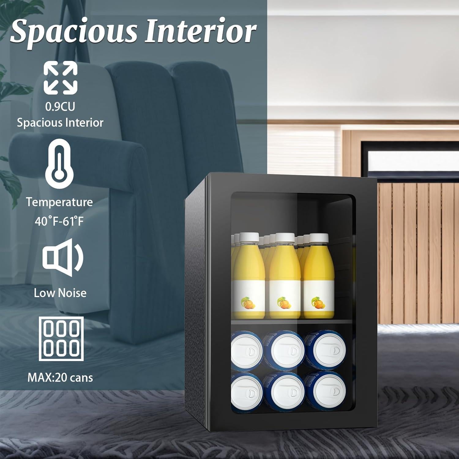 Beverage Refrigerator Cooler, 0.9 Cu.ft Mini Fridge Holds 24 Cans, Solid Door, Manual Temperature Control (at the Back), Quiet Compact Drink Fridge for Soda, Beer, Wine, Office, Dorm, Bar