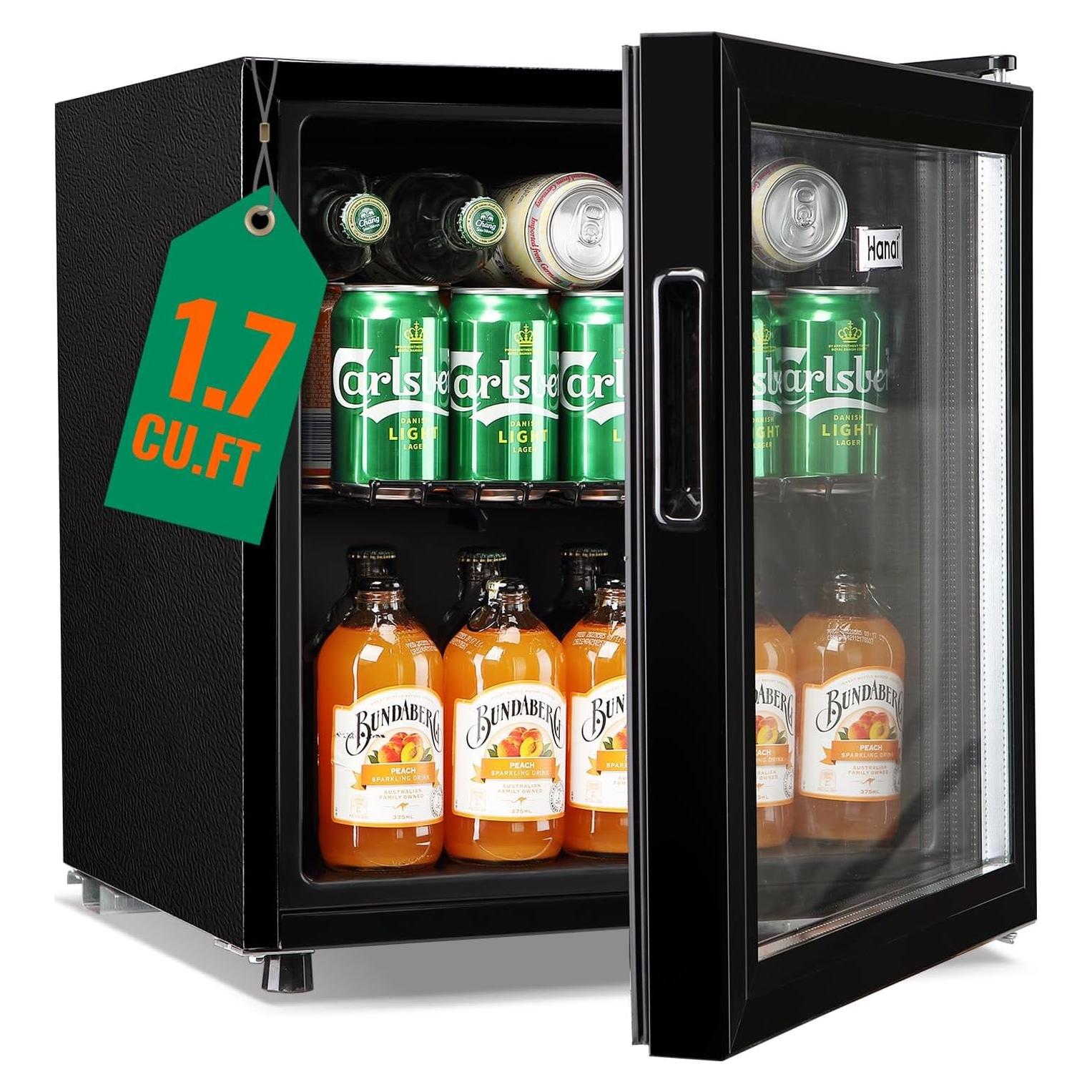 WANAI Mini Fridge Glass Door 120 Cans Beverage Refrigerator Small Wine Cooler Clear Front Drinks Fridge for Soda Beer Bar Home Office with 7 Thermostat LED Lights