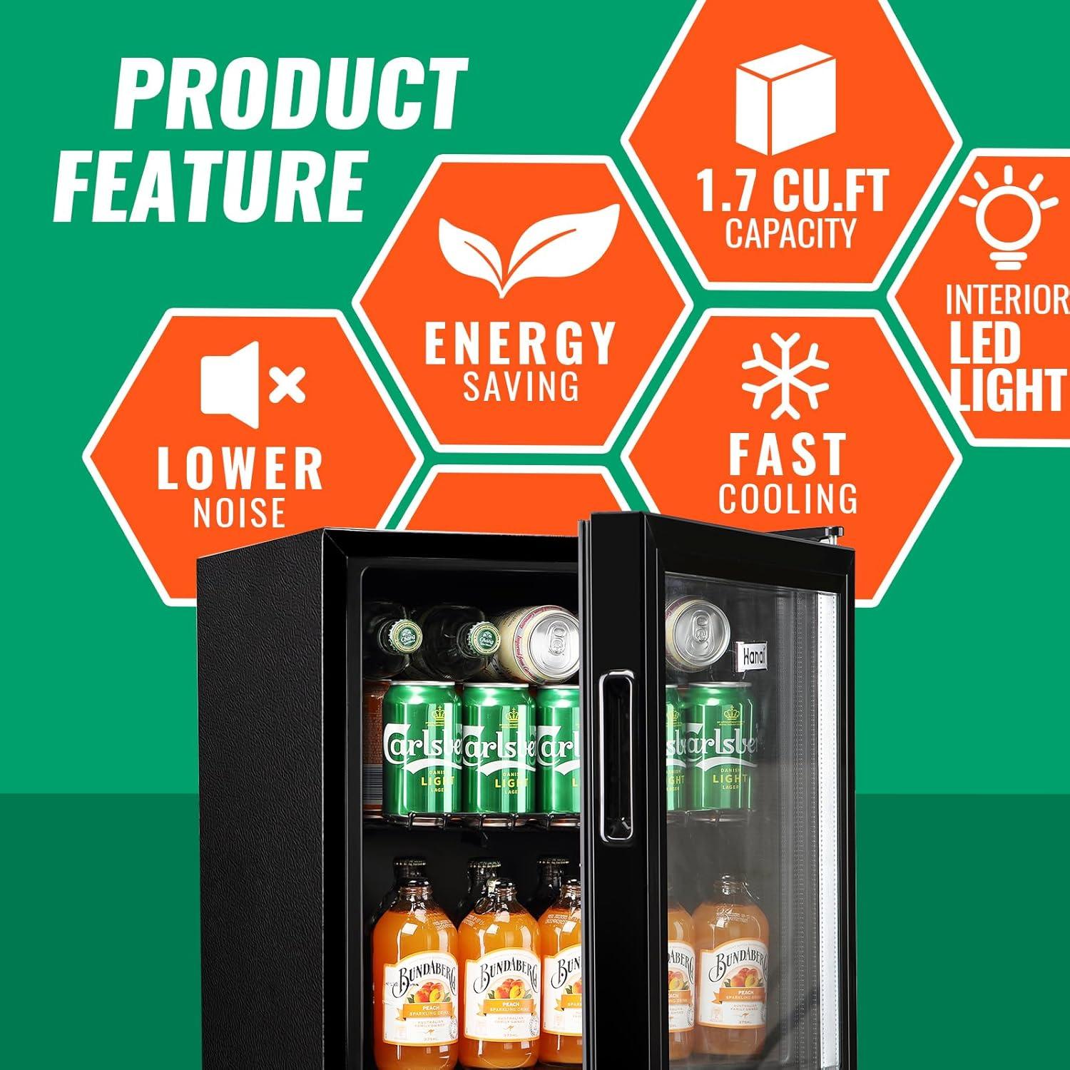 WANAI Mini Fridge Glass Door 120 Cans Beverage Refrigerator Small Wine Cooler Clear Front Drinks Fridge for Soda Beer Bar Home Office with 7 Thermostat LED Lights