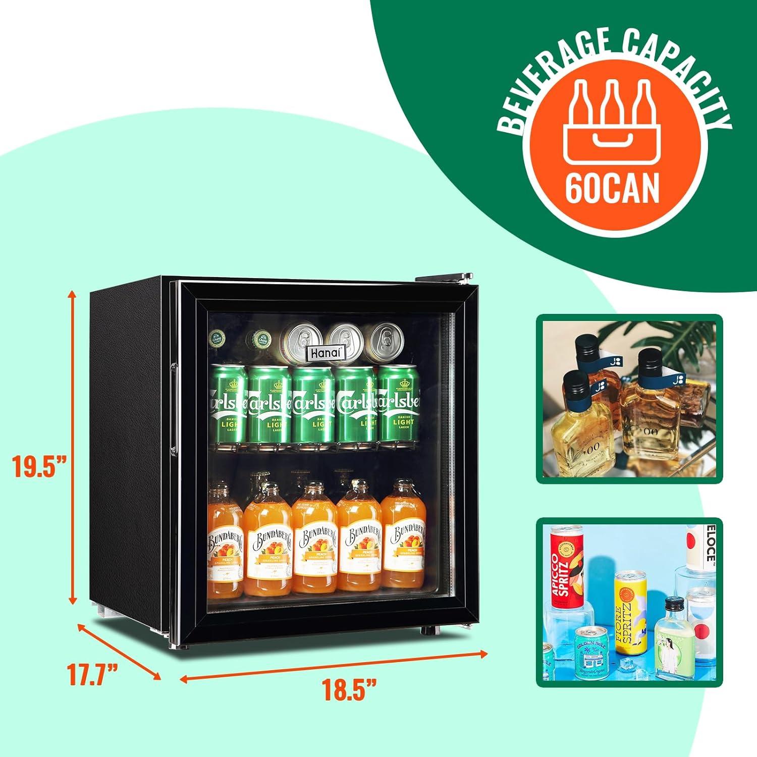 WANAI Mini Fridge Glass Door 120 Cans Beverage Refrigerator Small Wine Cooler Clear Front Drinks Fridge for Soda Beer Bar Home Office with 7 Thermostat LED Lights