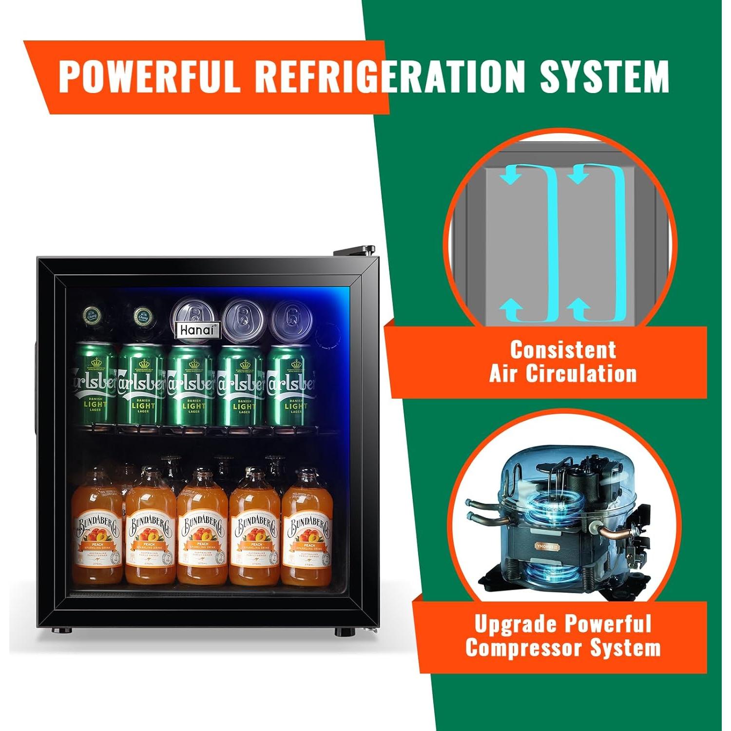 WANAI Mini Fridge Glass Door 120 Cans Beverage Refrigerator Small Wine Cooler Clear Front Drinks Fridge for Soda Beer Bar Home Office with 7 Thermostat LED Lights