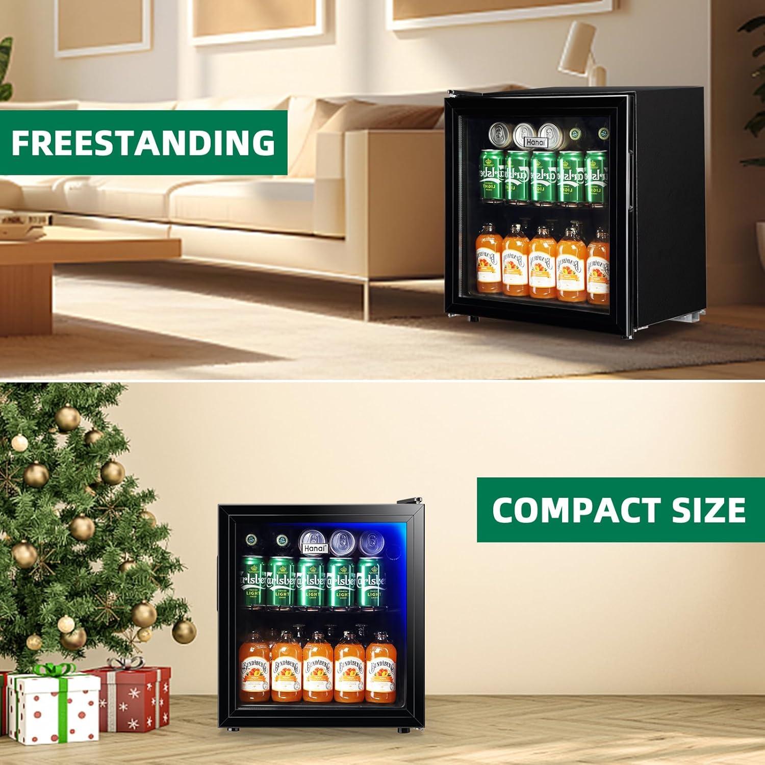 WANAI Mini Fridge Glass Door 120 Cans Beverage Refrigerator Small Wine Cooler Clear Front Drinks Fridge for Soda Beer Bar Home Office with 7 Thermostat LED Lights