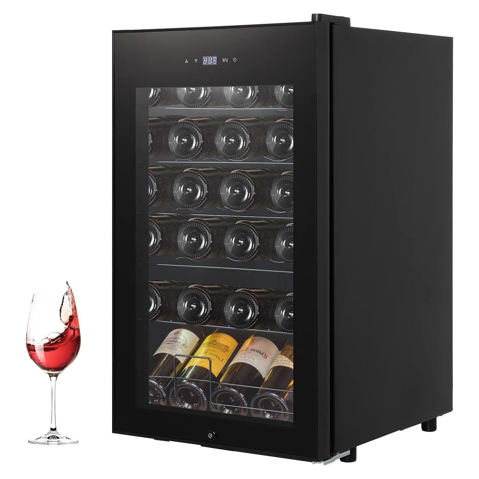 Mini Fridge With Glass Door, 24 Bottles Wine Cooler Refrigerator With Adjustable Shelves & Digital Temperature Display, 40°F to 65°F Temperature Control Fridge for Office, Bedroom, Bar, Black
