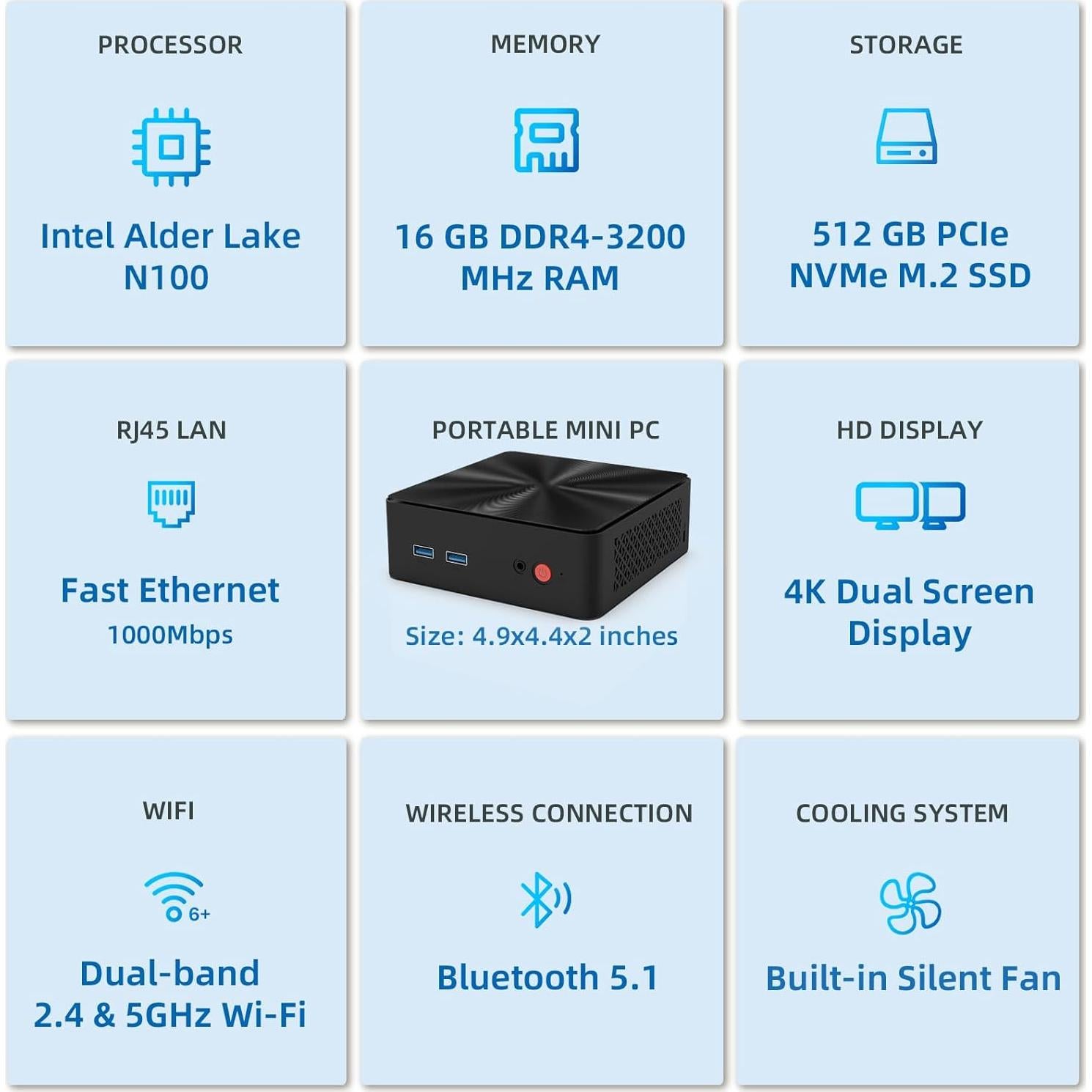 Mini PC QAZIPO N100, 16GB RAM, 512GB SSD, Doble Pantalla 4K