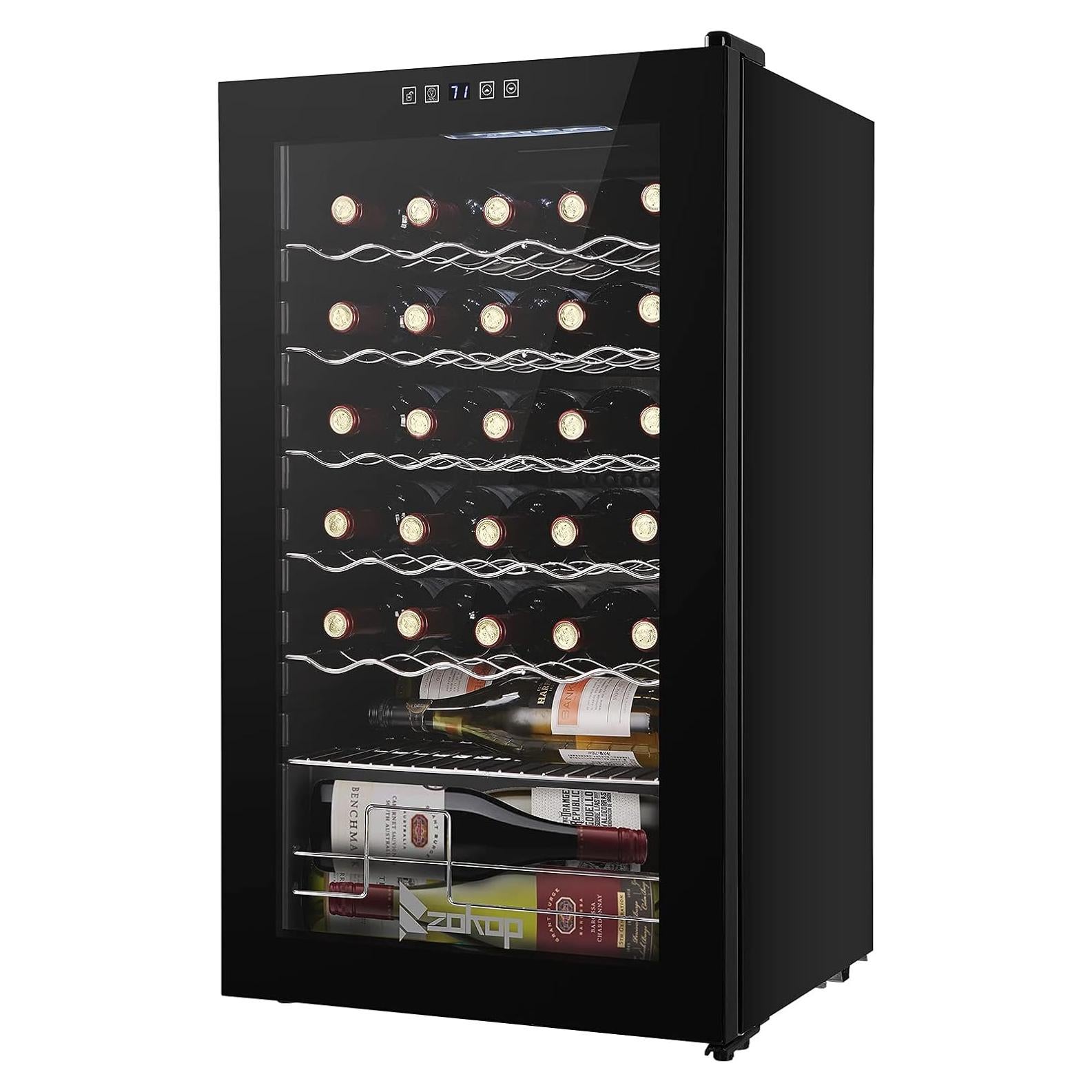Winado Wine Cooler Refrigerator, 34 Bottle Freestanding Compressor Wine Cooler w/Digital Temp Control, Mini Wine Fridge with Double-Layer Glass Door & Removable Shelves