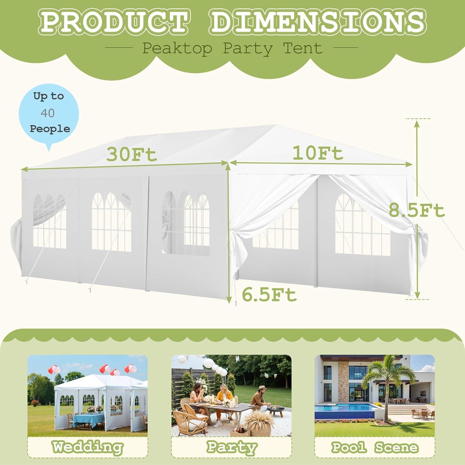 Homall 10' × 30' Party Tent Outdoor Tent for Party Rainproof Wedding Tent Event Booth for up to 40 People, Canopy Tent with Removable Sidewalls (White)