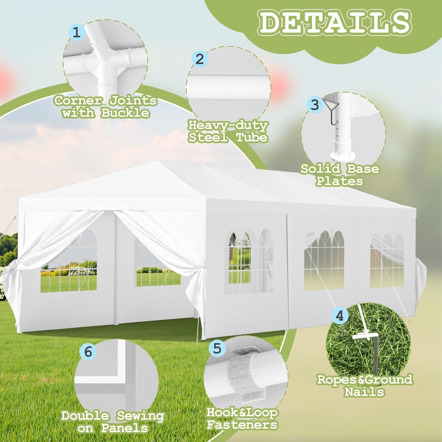 Homall 10' × 30' Party Tent Outdoor Tent for Party Rainproof Wedding Tent Event Booth for up to 40 People, Canopy Tent with Removable Sidewalls (White)